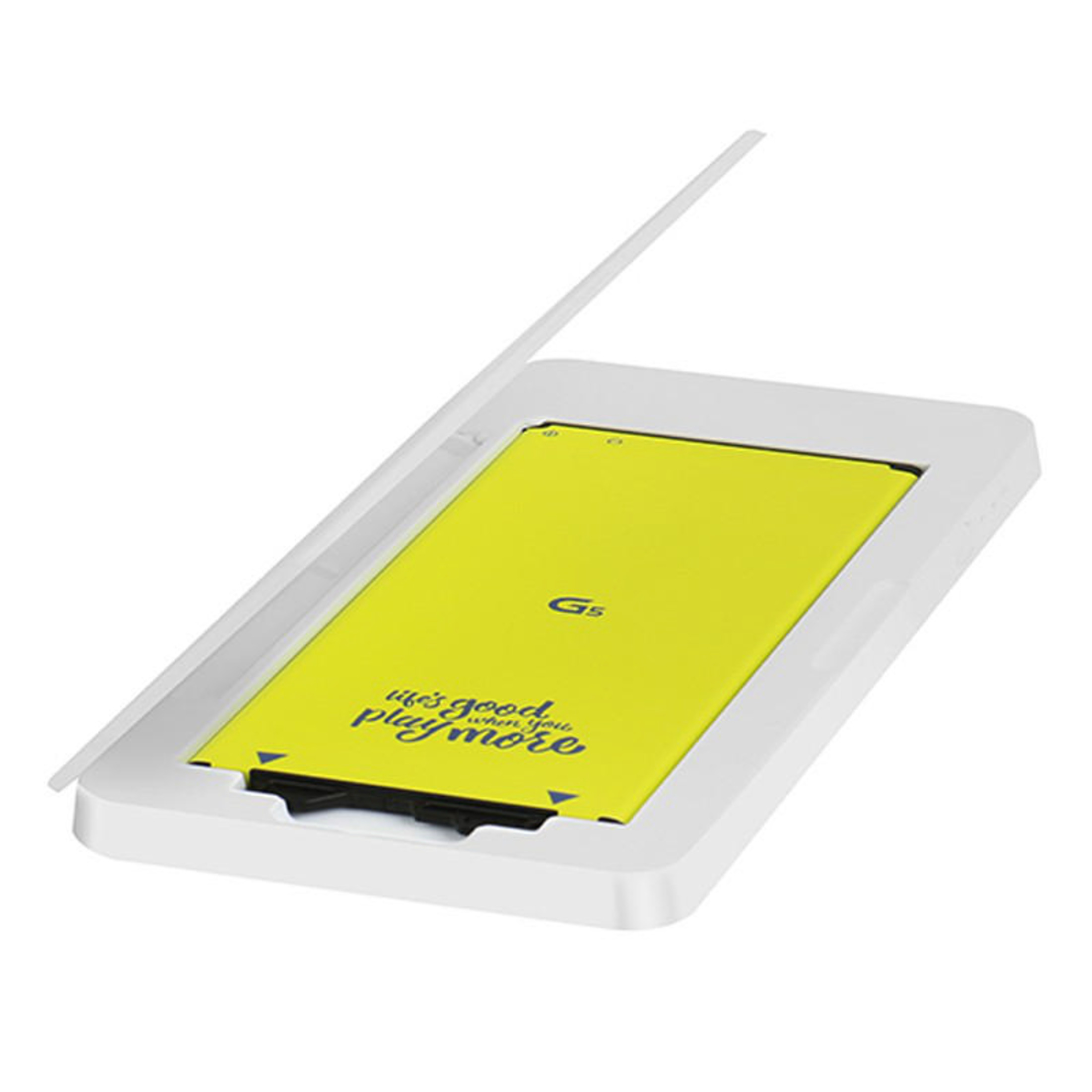 Una batteria gialla con 'G5' e testo in un supporto bianco.