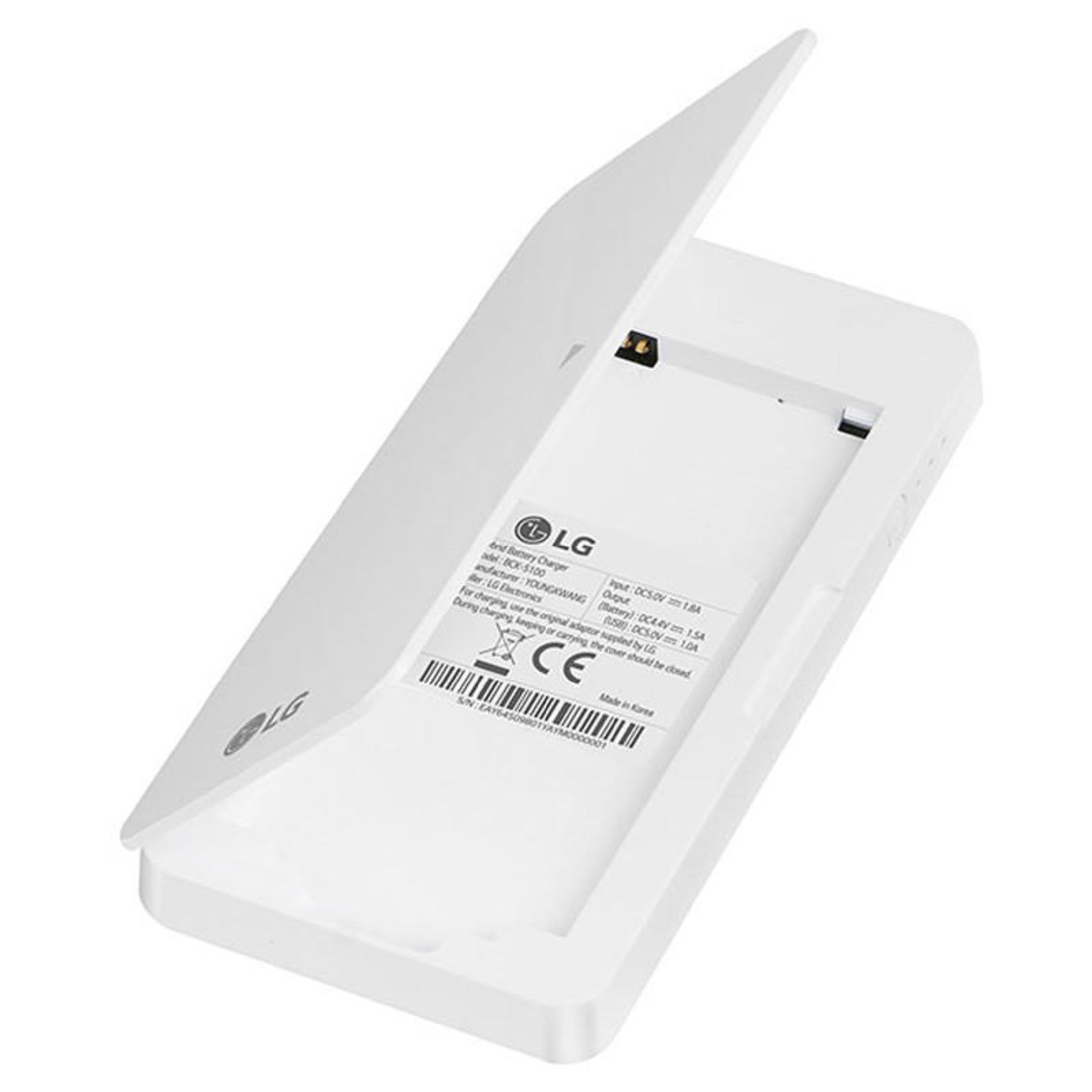 Un caricabatterie LG bianco con coperchio aperto, che rivela un vano batteria.