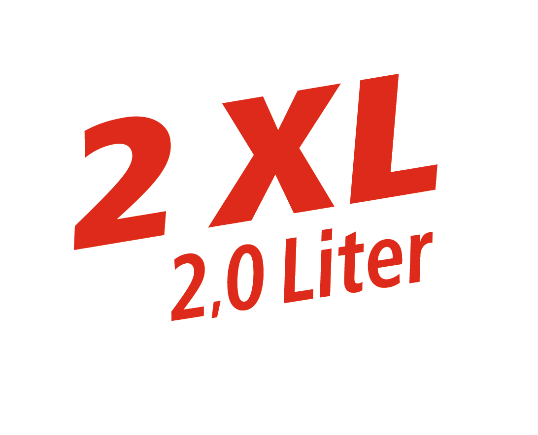 Roter Text "2 XL 2,0 Liter" auf weißem Hintergrund.