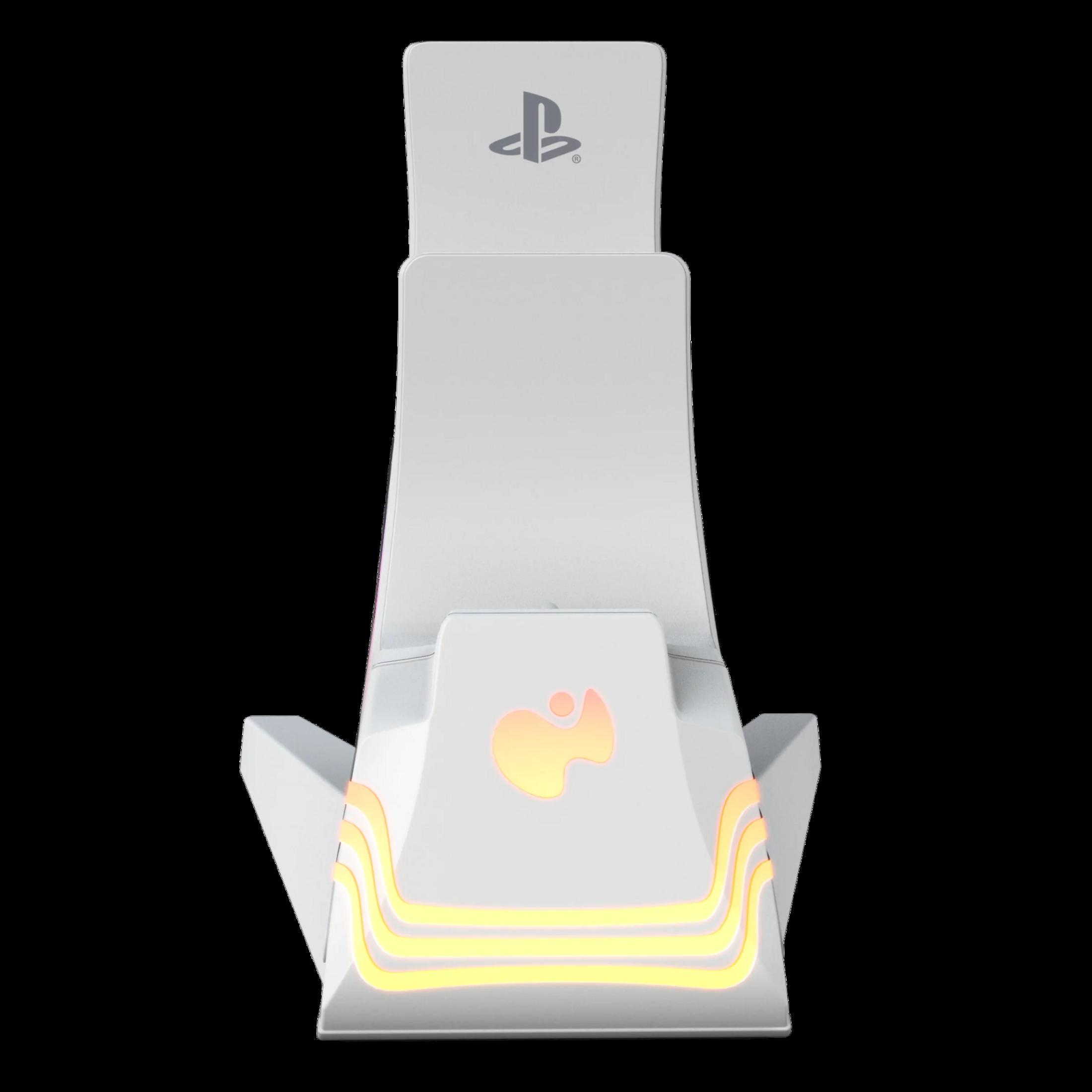 Biała podstawka ładująca z logo PlayStation i pomarańczowymi światłami.