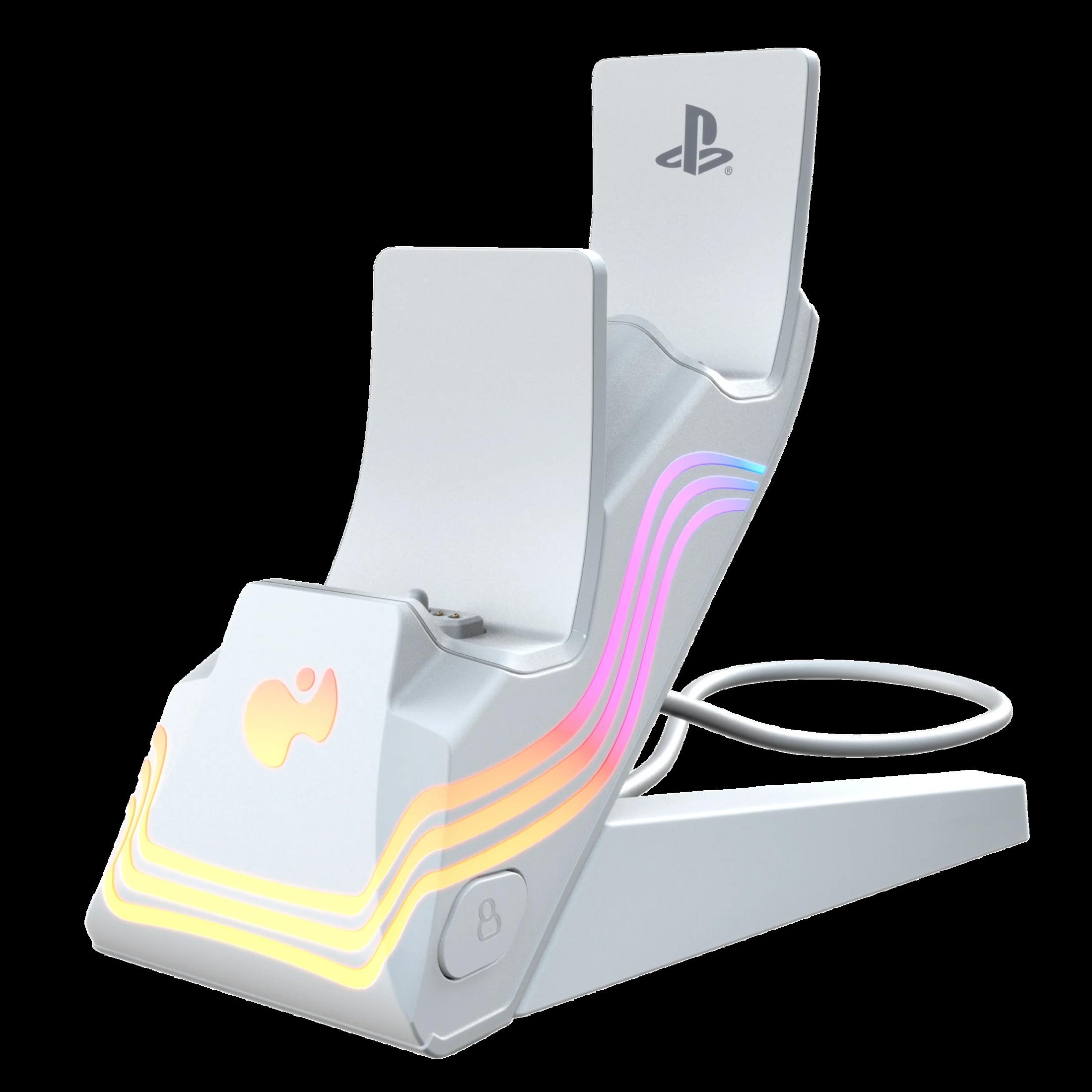 Biała stacja ładująca z kolorowymi światłami i logo PlayStation.