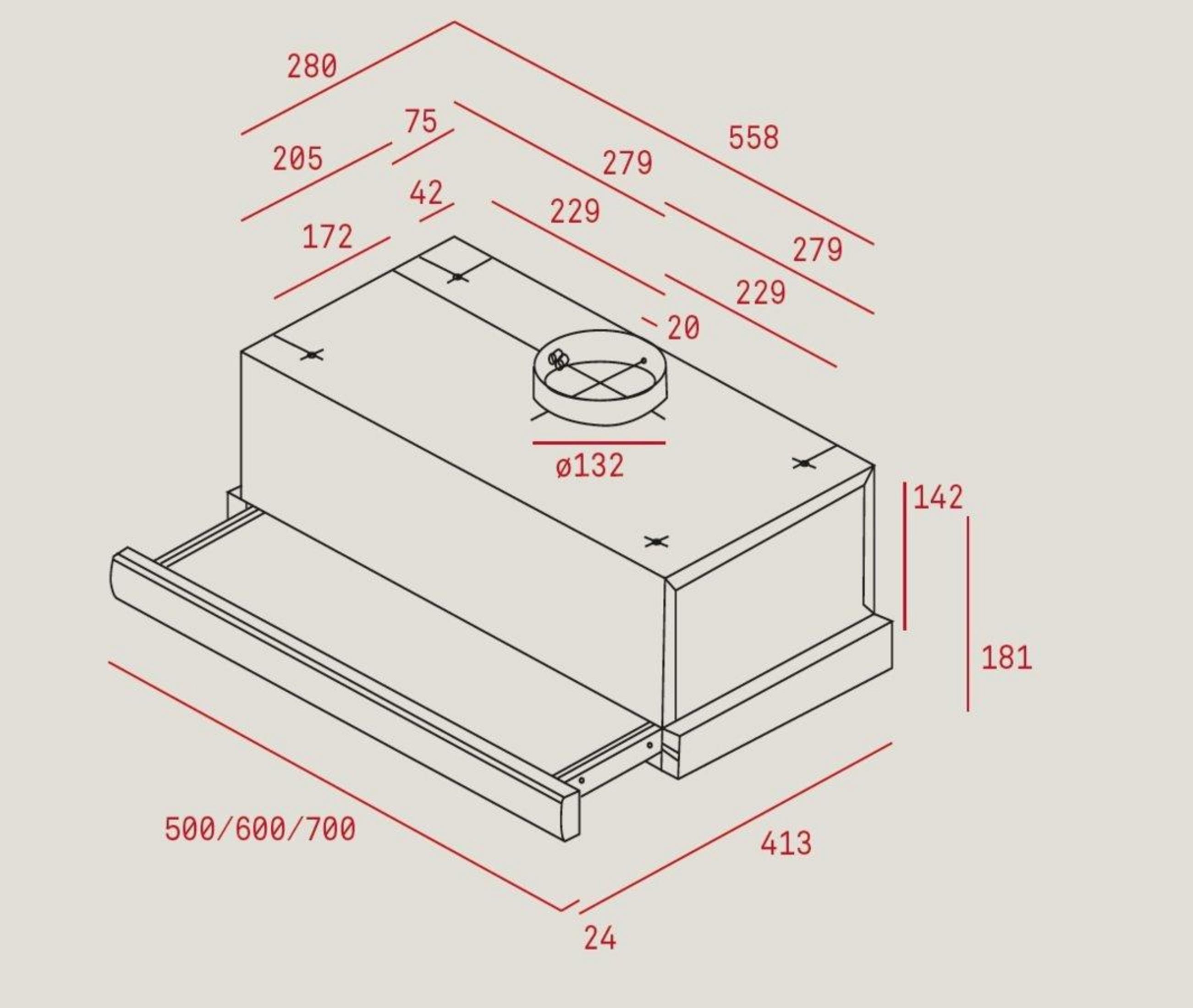 Dibujo técnico de una campana extractora con dimensiones.