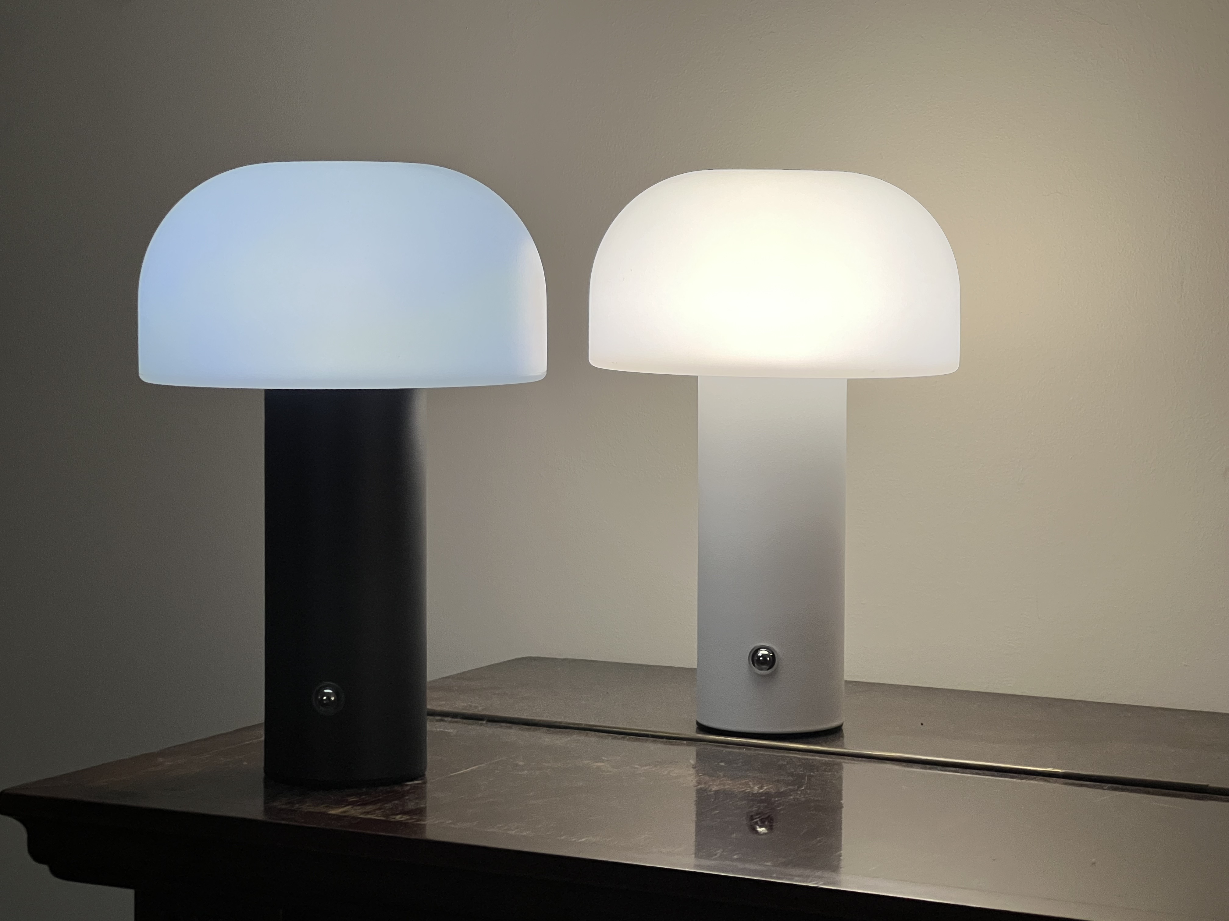 Zwei Pilzlampen, eine schwarz, eine weiß, auf einem Tisch.