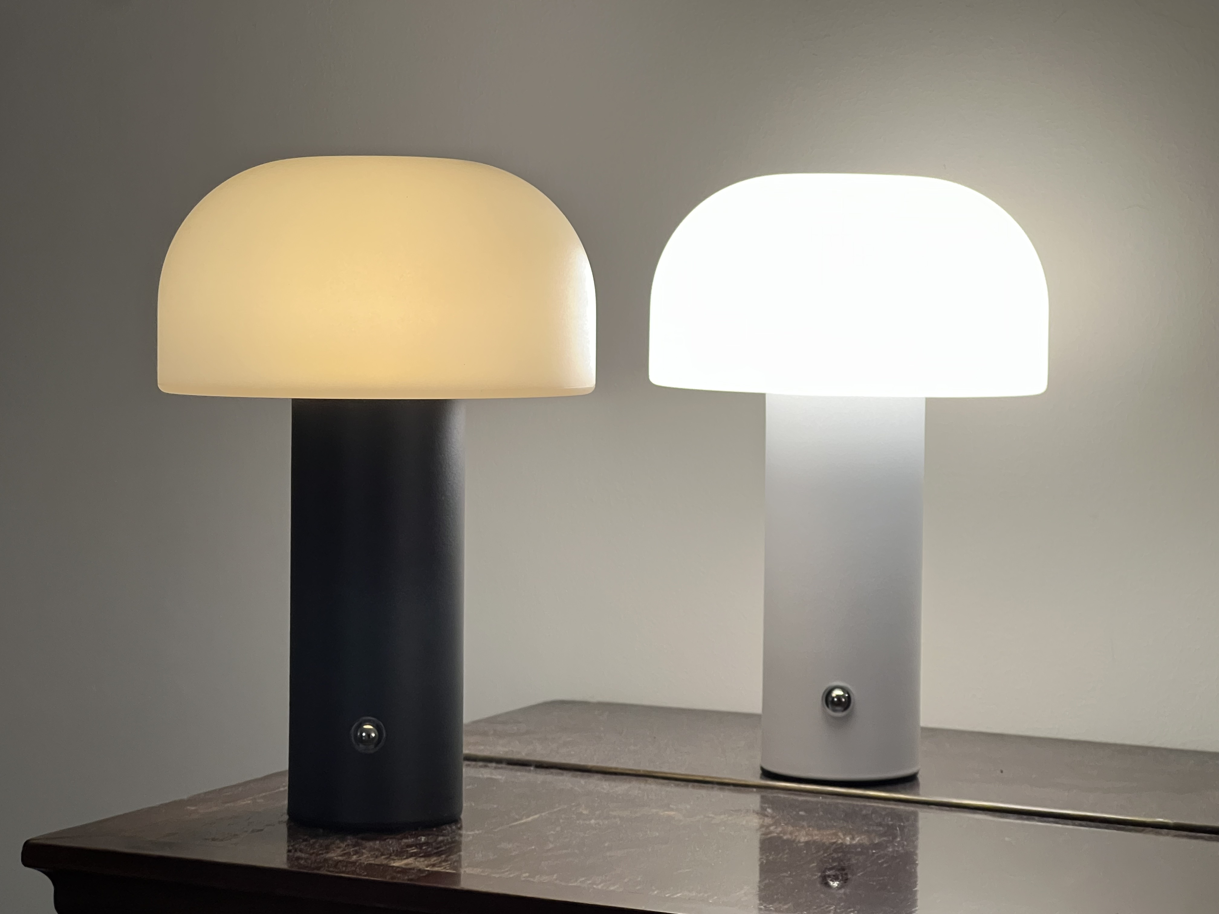 Zwei Pilzlampen auf einem Tisch: eine schwarze, eine weiße.
