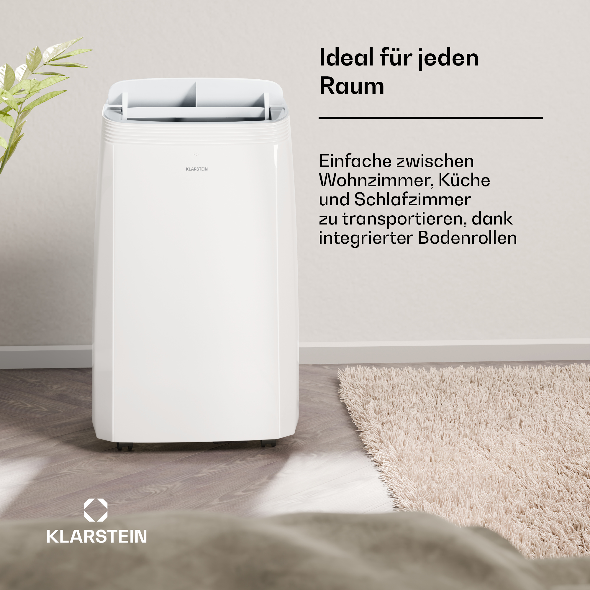 Ein weißes Klimagerät steht auf einem Holzboden neben einem Teppich.