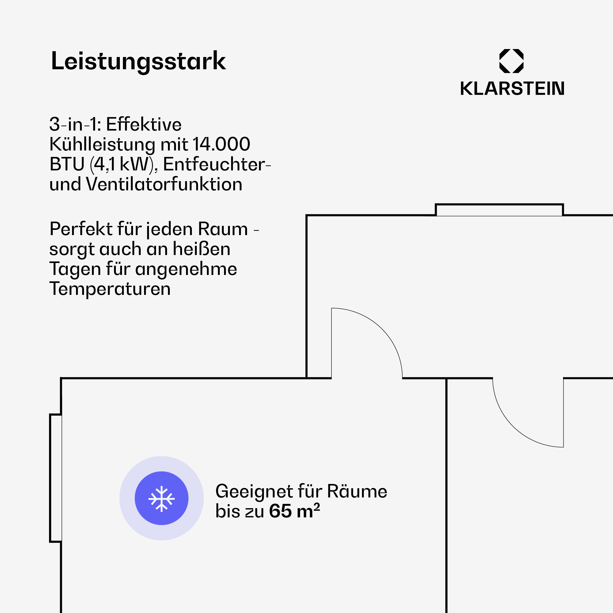 Klimaanlage für Räume bis 65m², 3-in-1: Kühlen, Entfeuchten, Ventilieren.