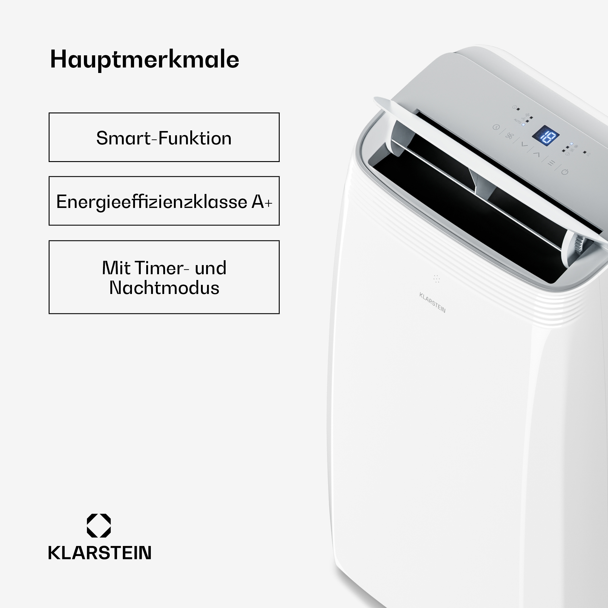 Ein weißes Klimagerät mit Hauptmerkmalen wie Smart-Funktion, Energieeffizienzklasse A+.