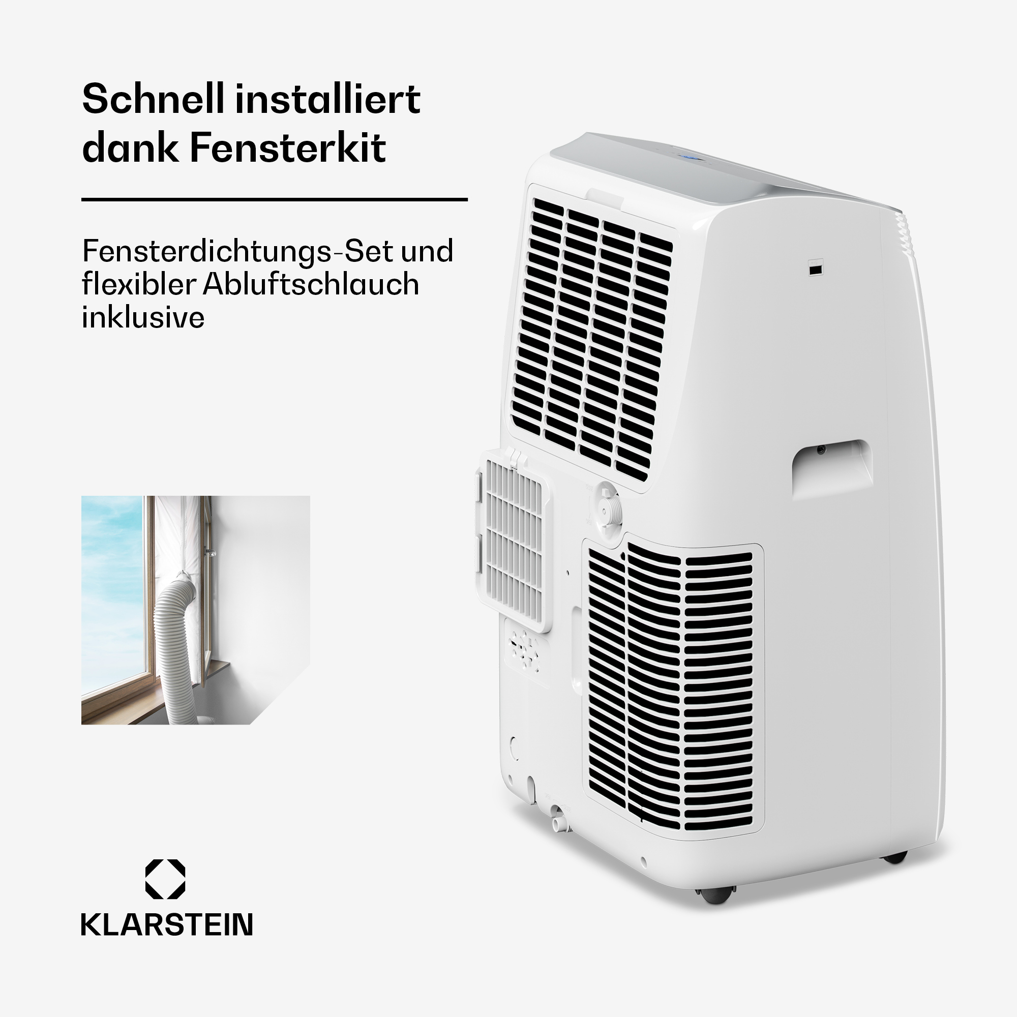 Ein weißer mobiler Klimaanlagen-Turm mit Lüftungsgitter und Fensterkit-Anzeige.
