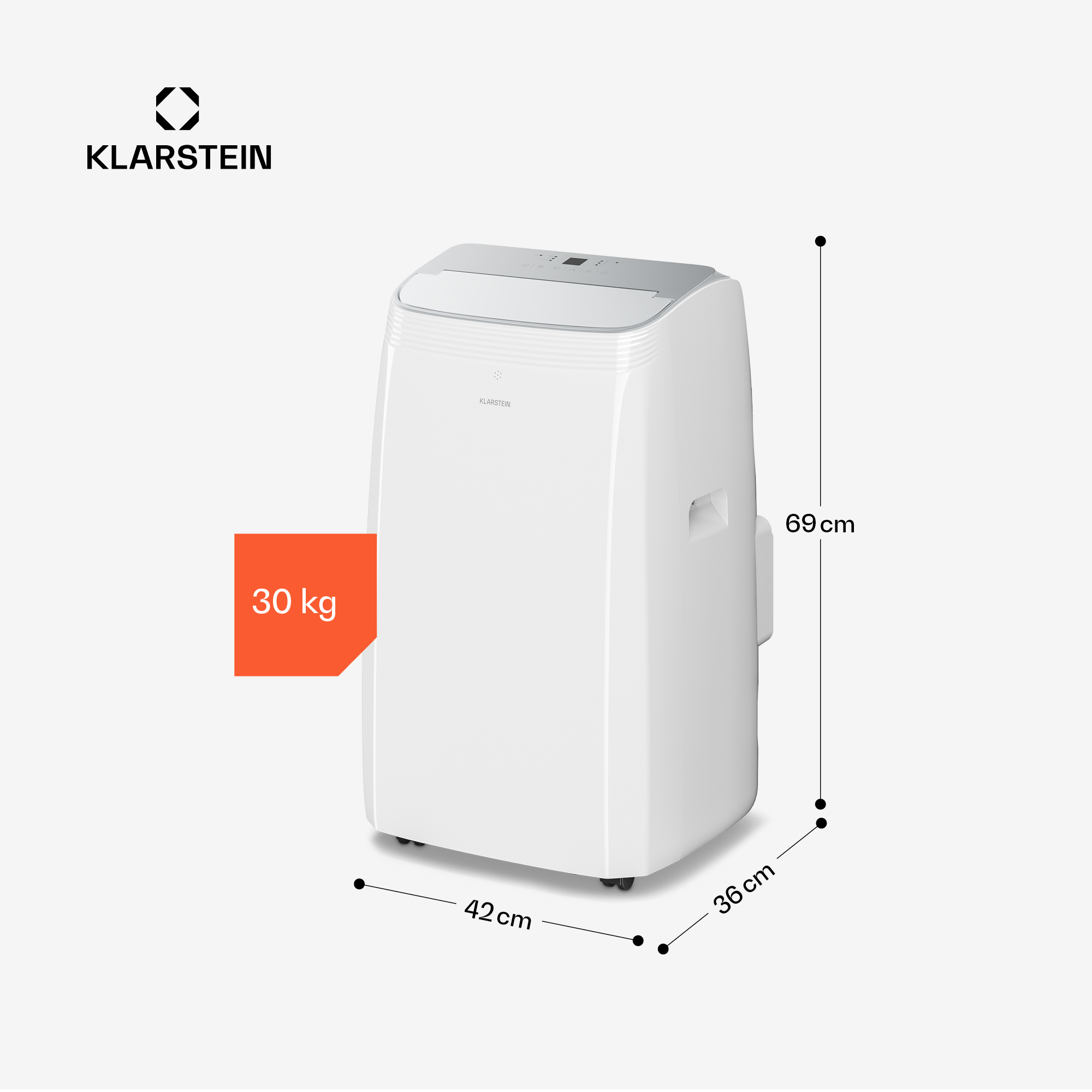 Ein weißes Klarstein Klimagerät mit Maßen 42x36x69cm und einem Gewicht von 30kg.