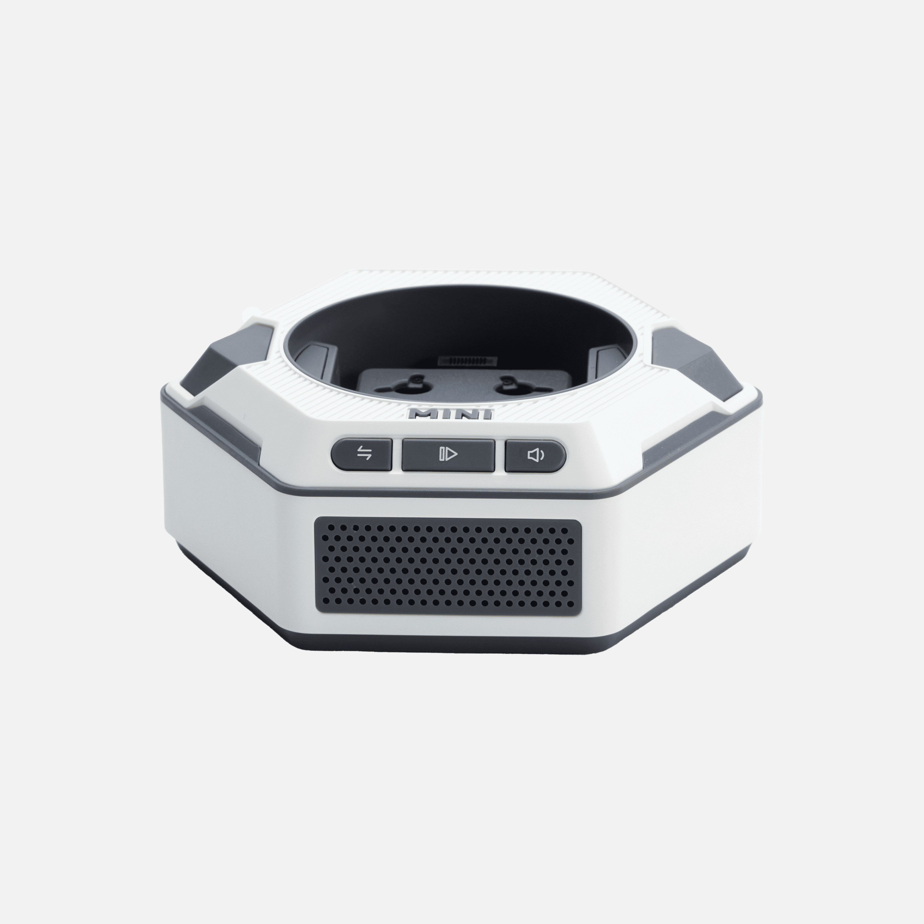 Un altavoz cubico blanco y gris MINIkube con botones y rejilla.