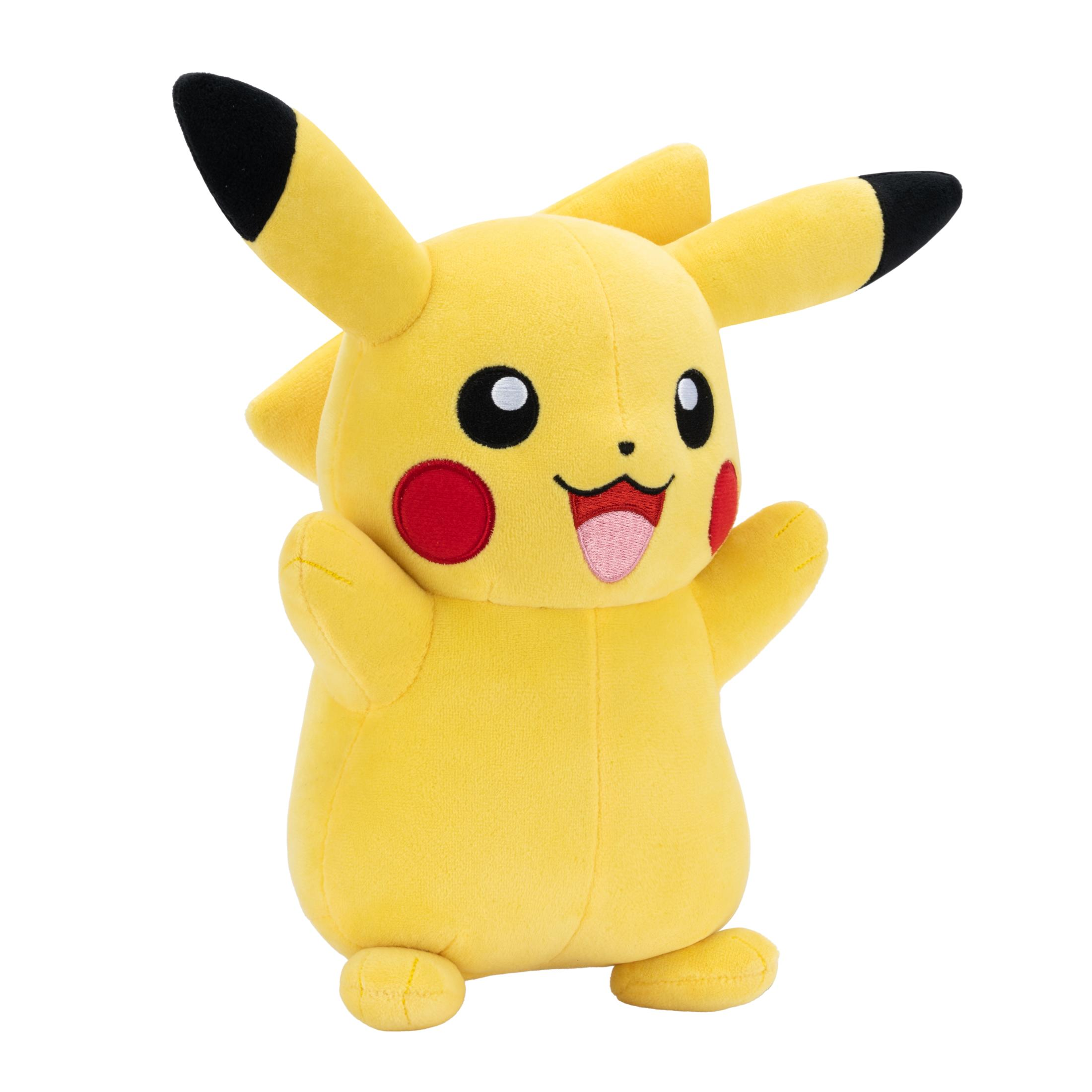 Ein gelbes Pikachu-Plüschtier mit schwarzen Ohrenspitzen und roten Wangen.