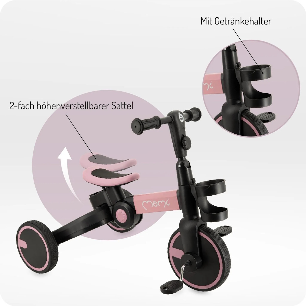 Ein rosa und schwarzes Dreirad mit verstellbarem Sattel und Getränkehalter.