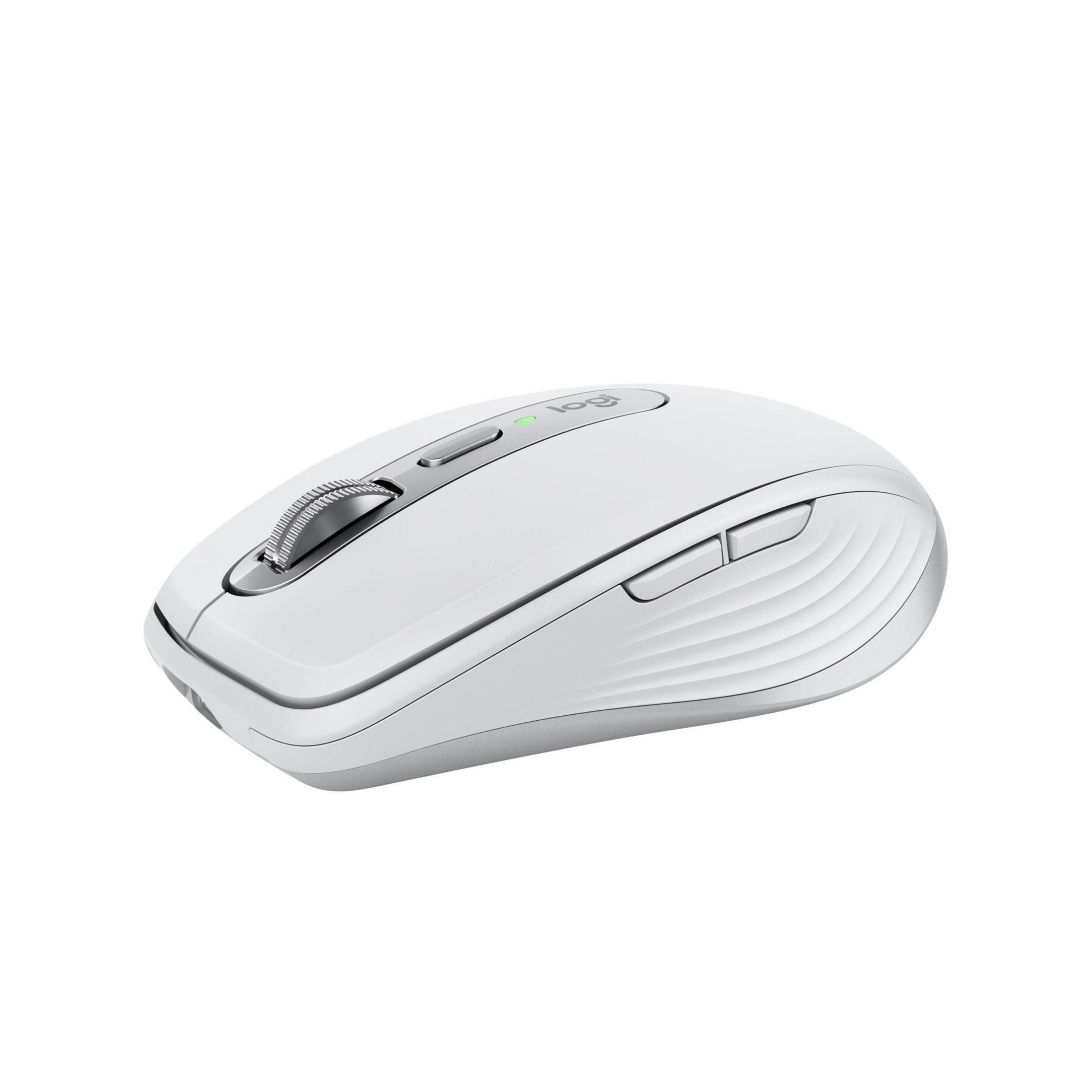Biała mysz Logitech z srebrnymi akcentami i kółkiem.