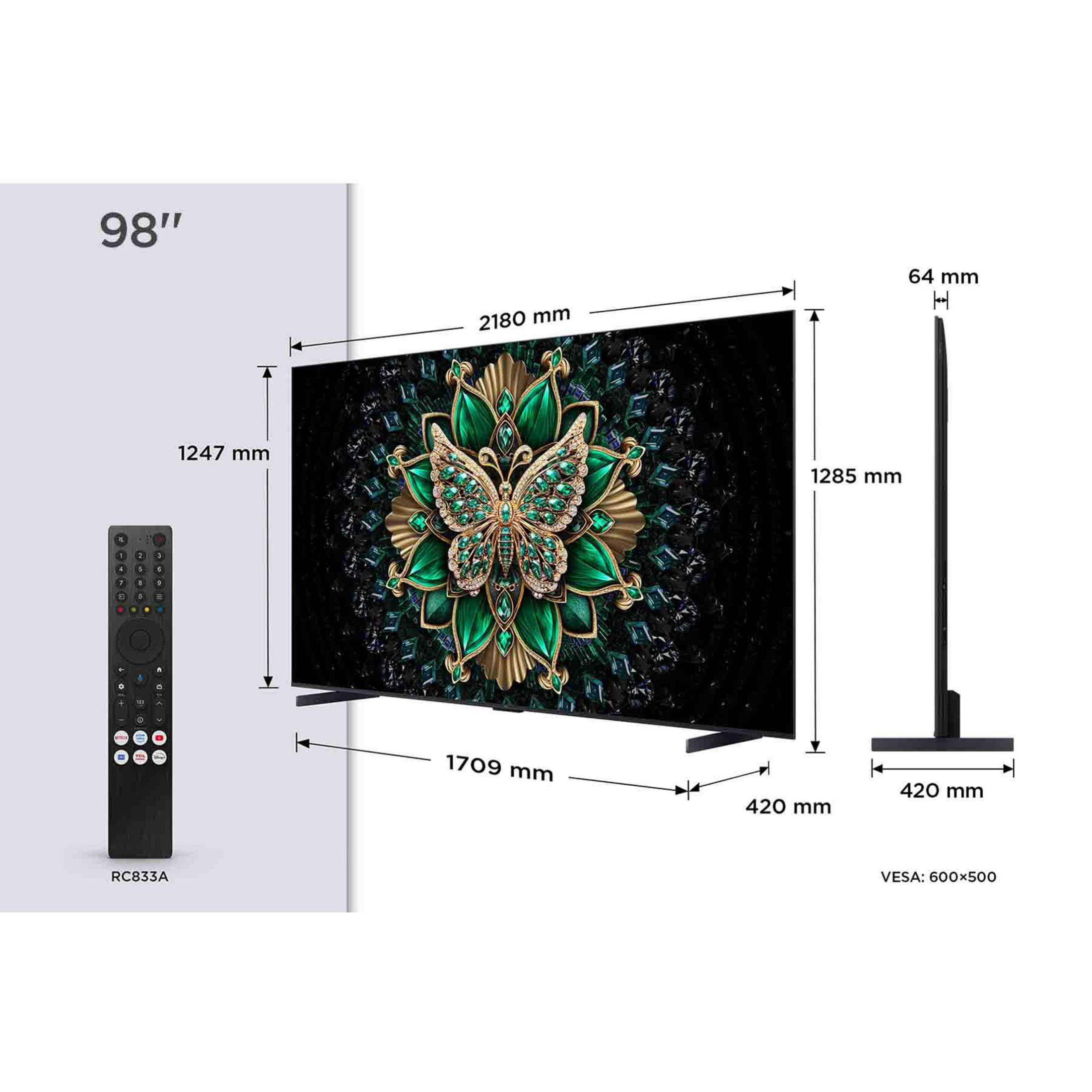 Una TV da 98 pollici con telecomando e dimensioni mostrate.