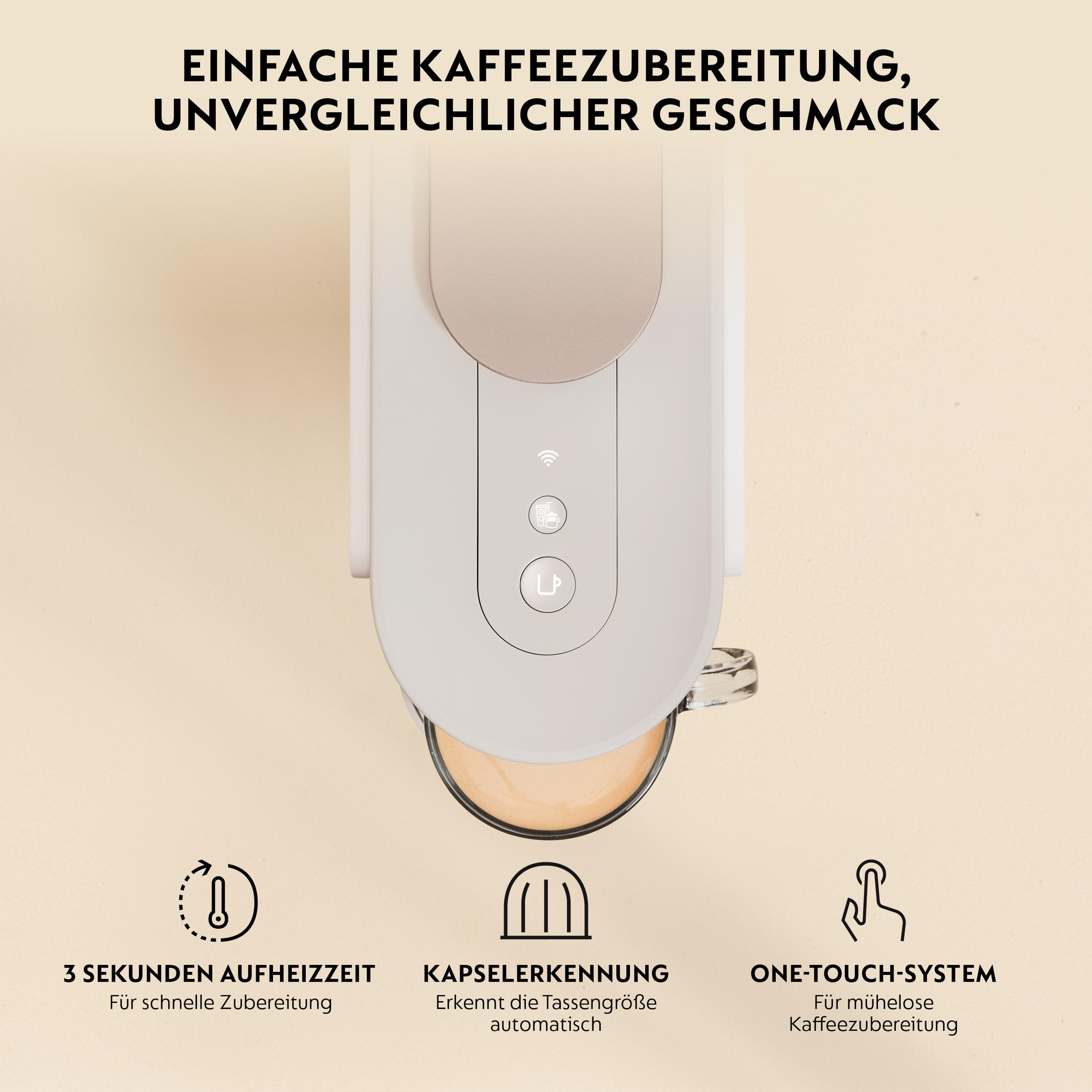 Eine weiße Kaffeemaschine mit einem Glas Kaffee darunter. Merkmale: 3s Aufheizzeit, Kapselerkennung, One-Touch-System.