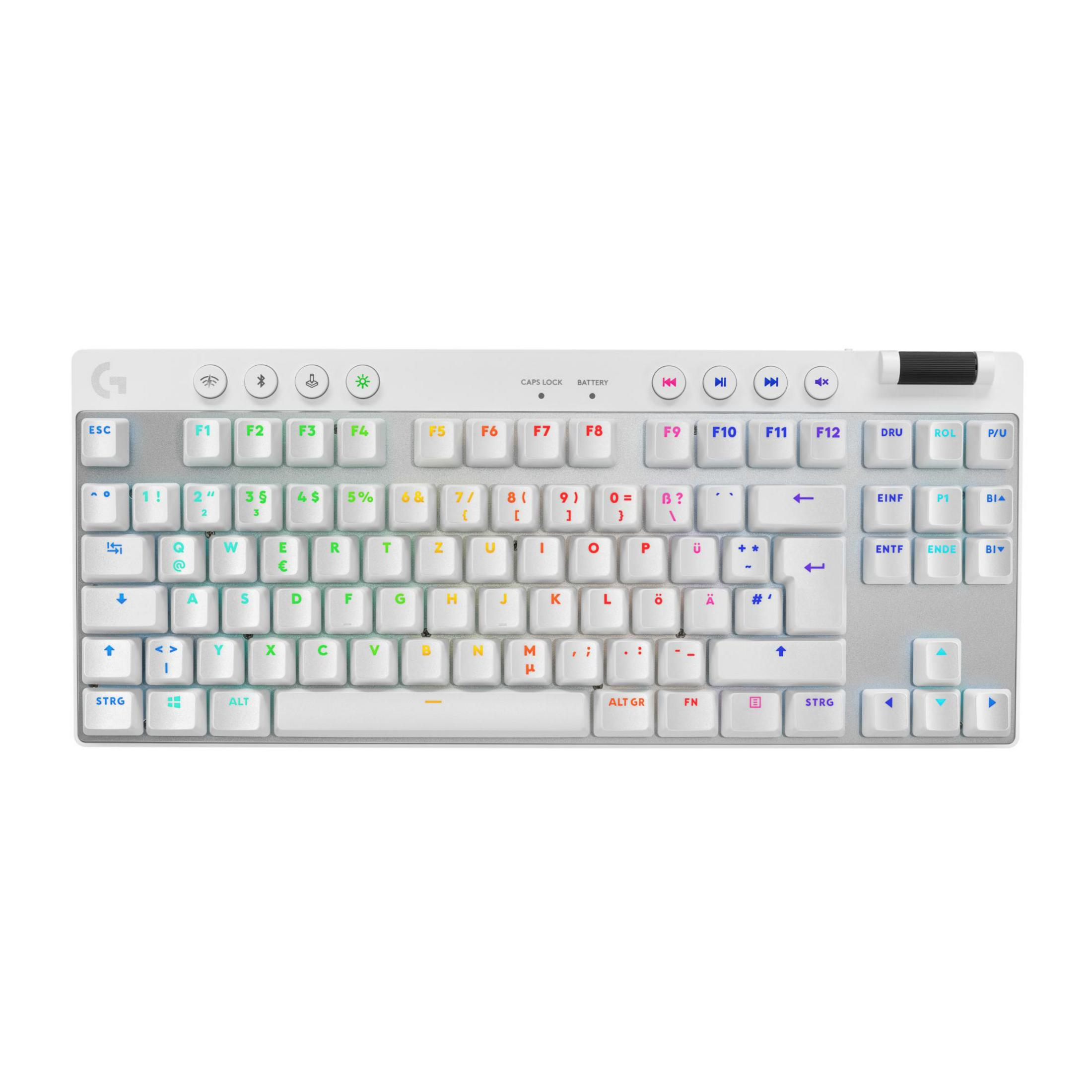 Una tastiera Logitech bianca con accenti argentati ed etichette dei tasti colorate.