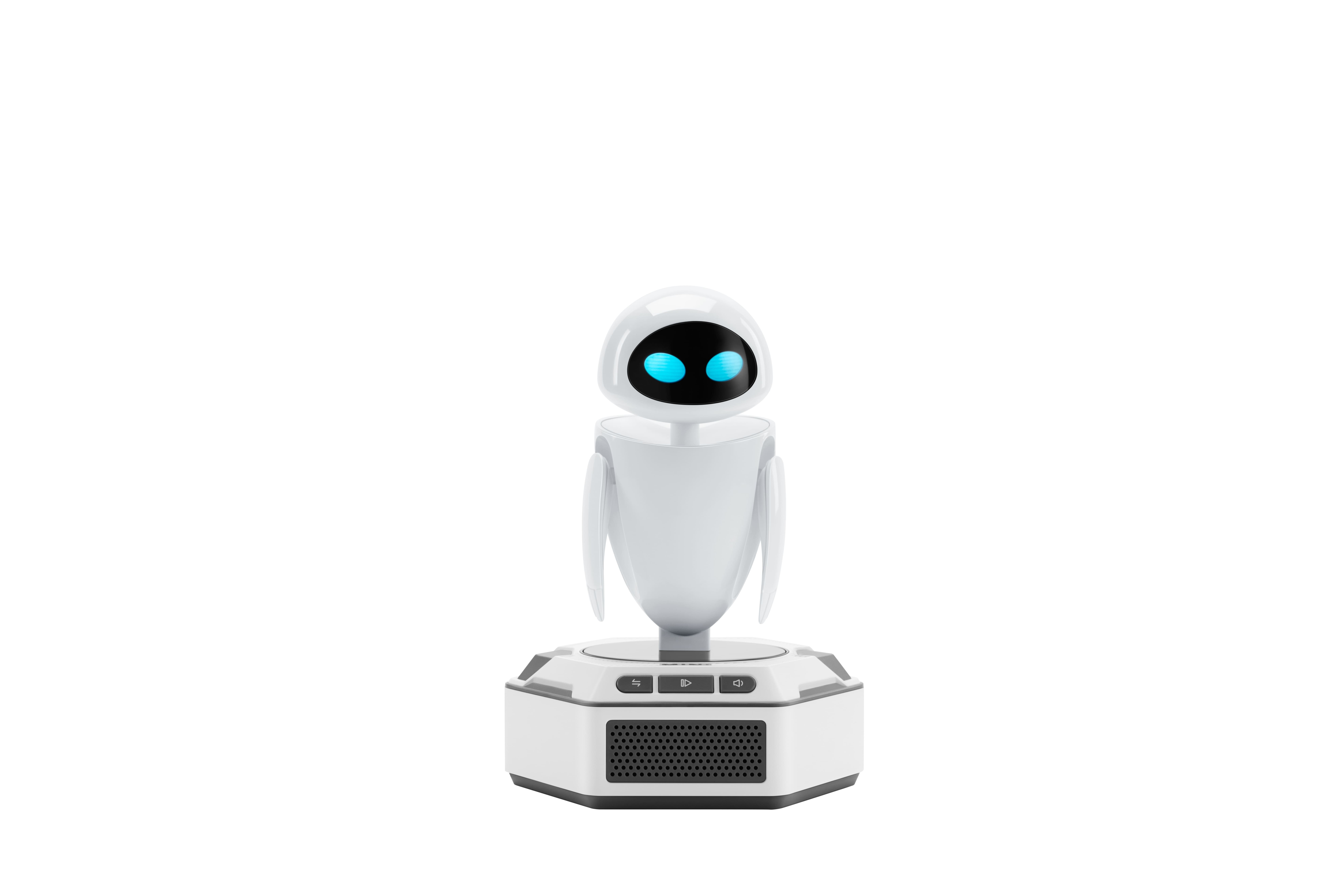 Un robot blanco con ojos azules se apoya en una base negra.