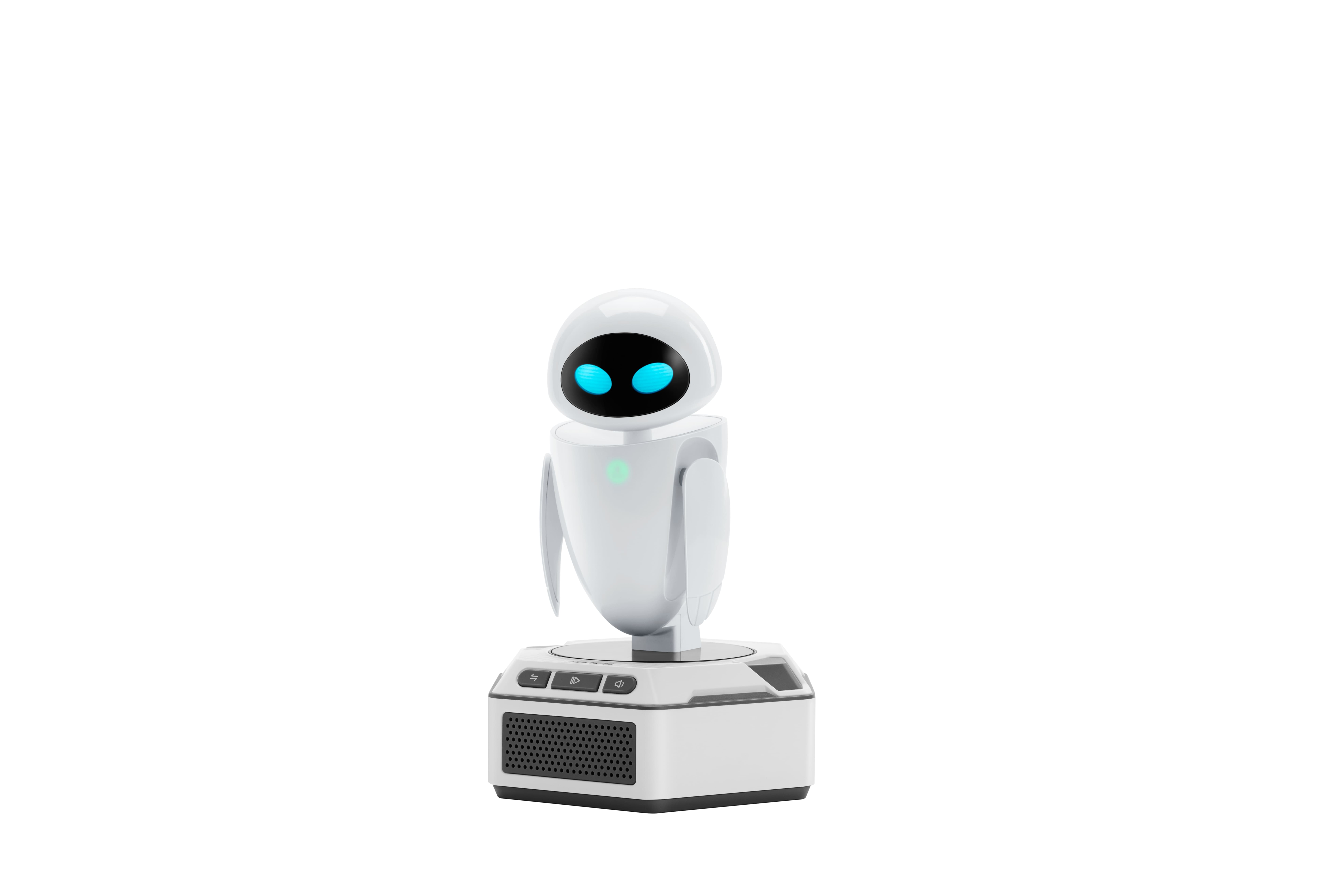 Un robot blanco con ojos azules se alza sobre una base gris con botones.