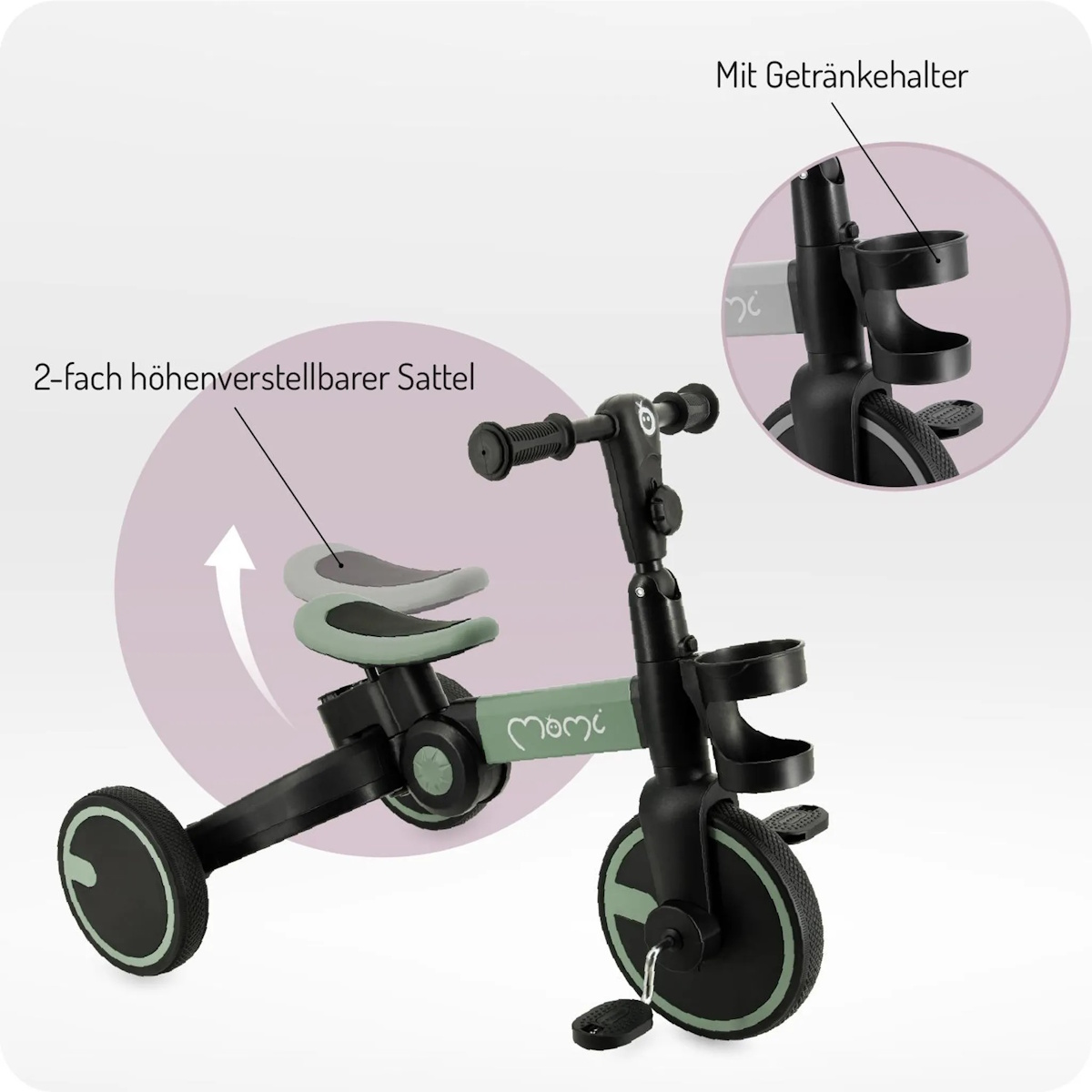Ein grünes und schwarzes Dreirad mit verstellbarem Sattel und Getränkehalter.