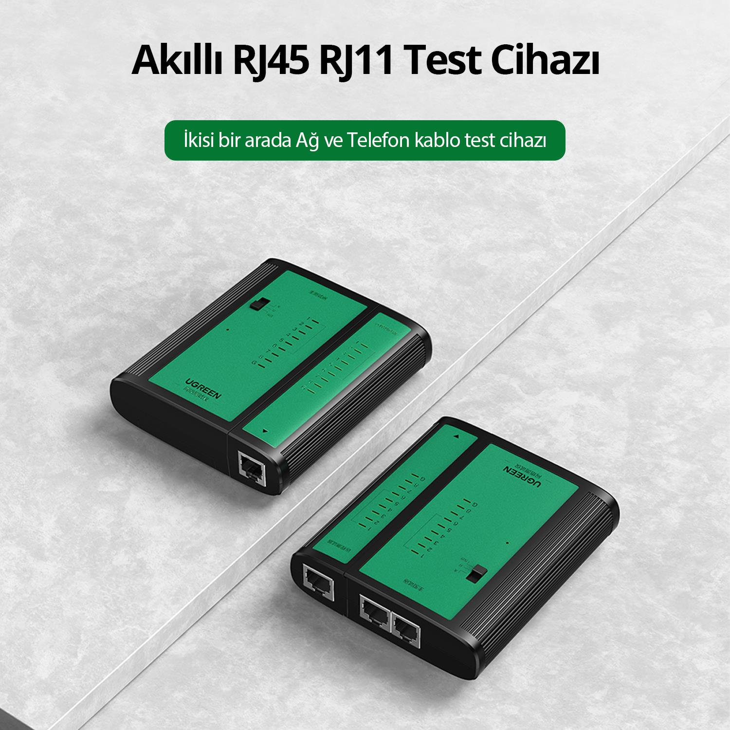 Gri arka plan üzerinde iki yeşil UGREEN RJ45/RJ11 test cihazı.