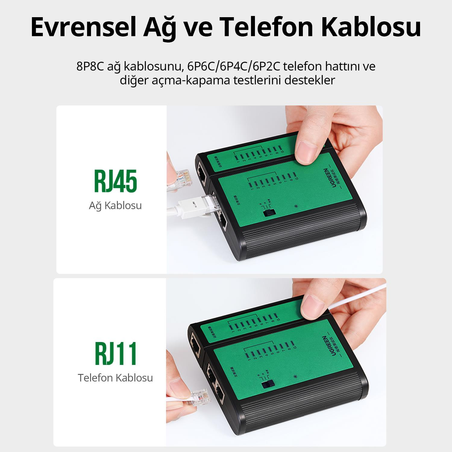 UGREEN ağ ve telefon kablo test cihazları. RJ45 ve RJ11 portları.