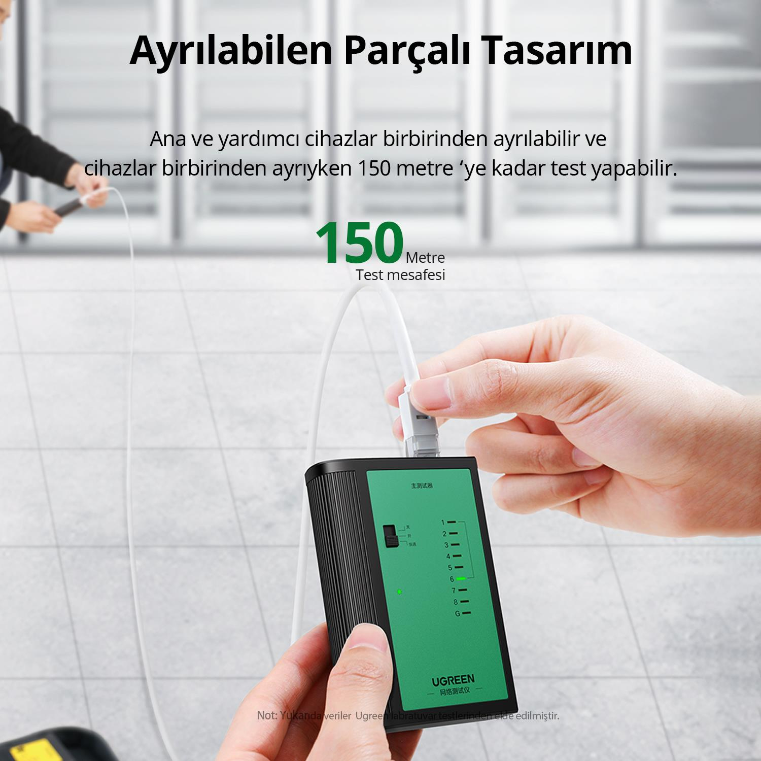 Yeşil UGREEN ağ test cihazı, bağlı kablo, 150m menzil.