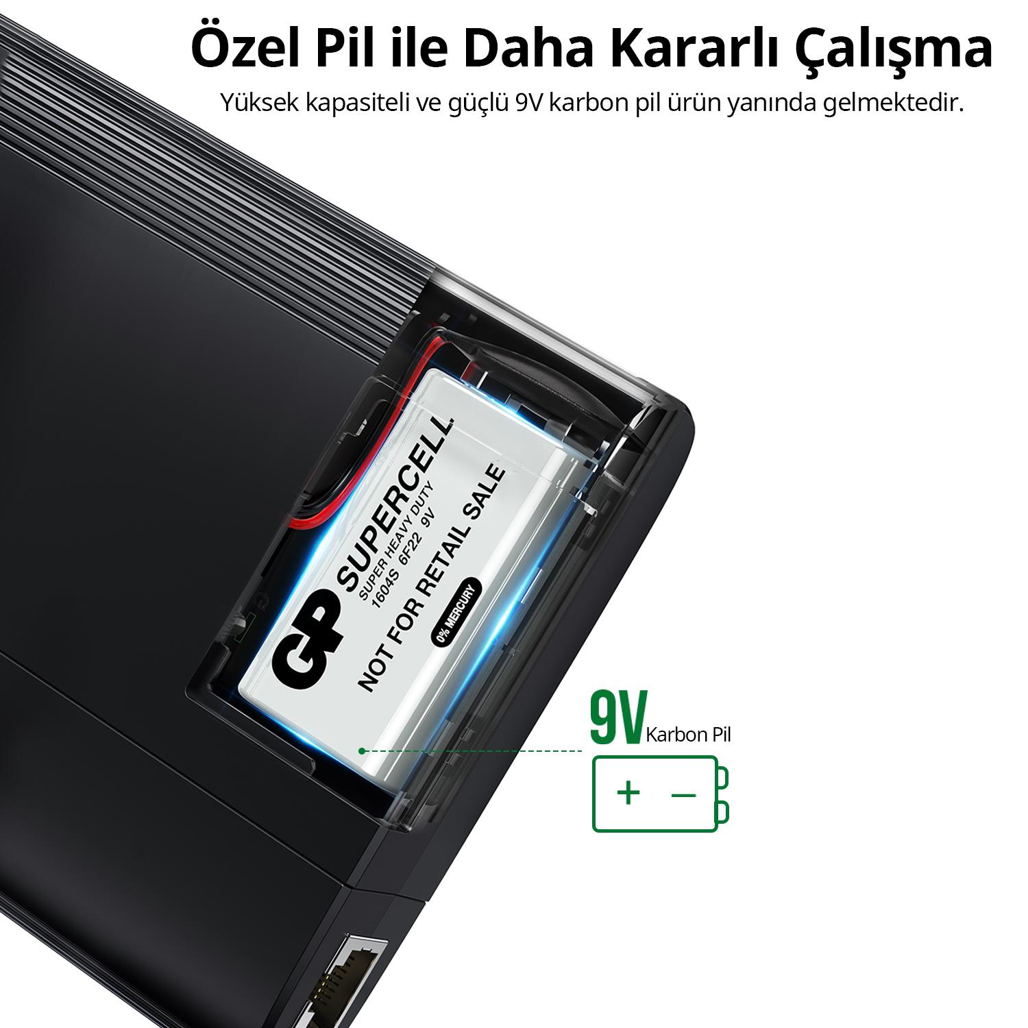 Siyah bir cihaz GP Supercell 9V pil gösteriyor. 9V Karbon Pil ikonu.