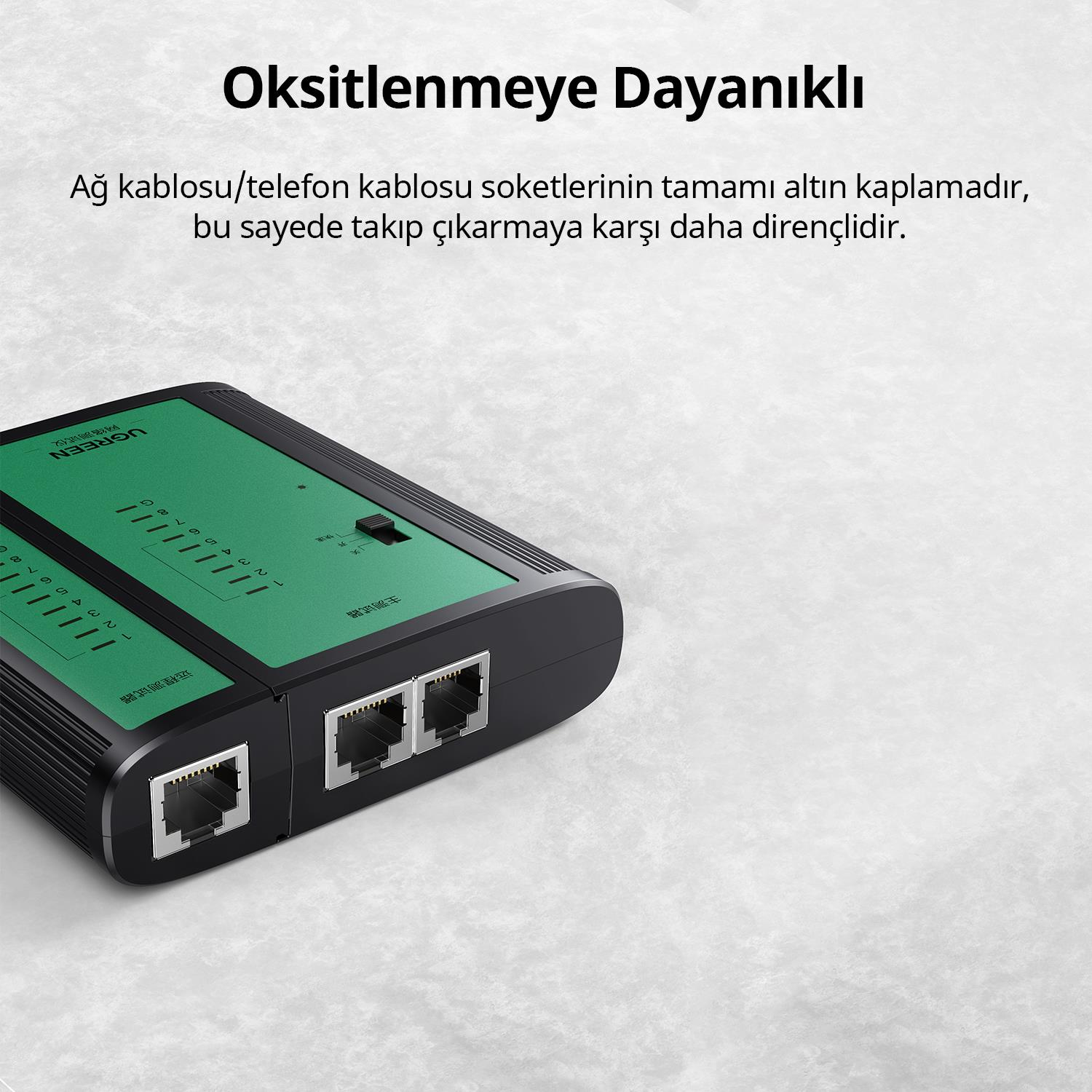 İki RJ45 bağlantı noktasına sahip siyah ve yeşil ağ kablosu test cihazı.