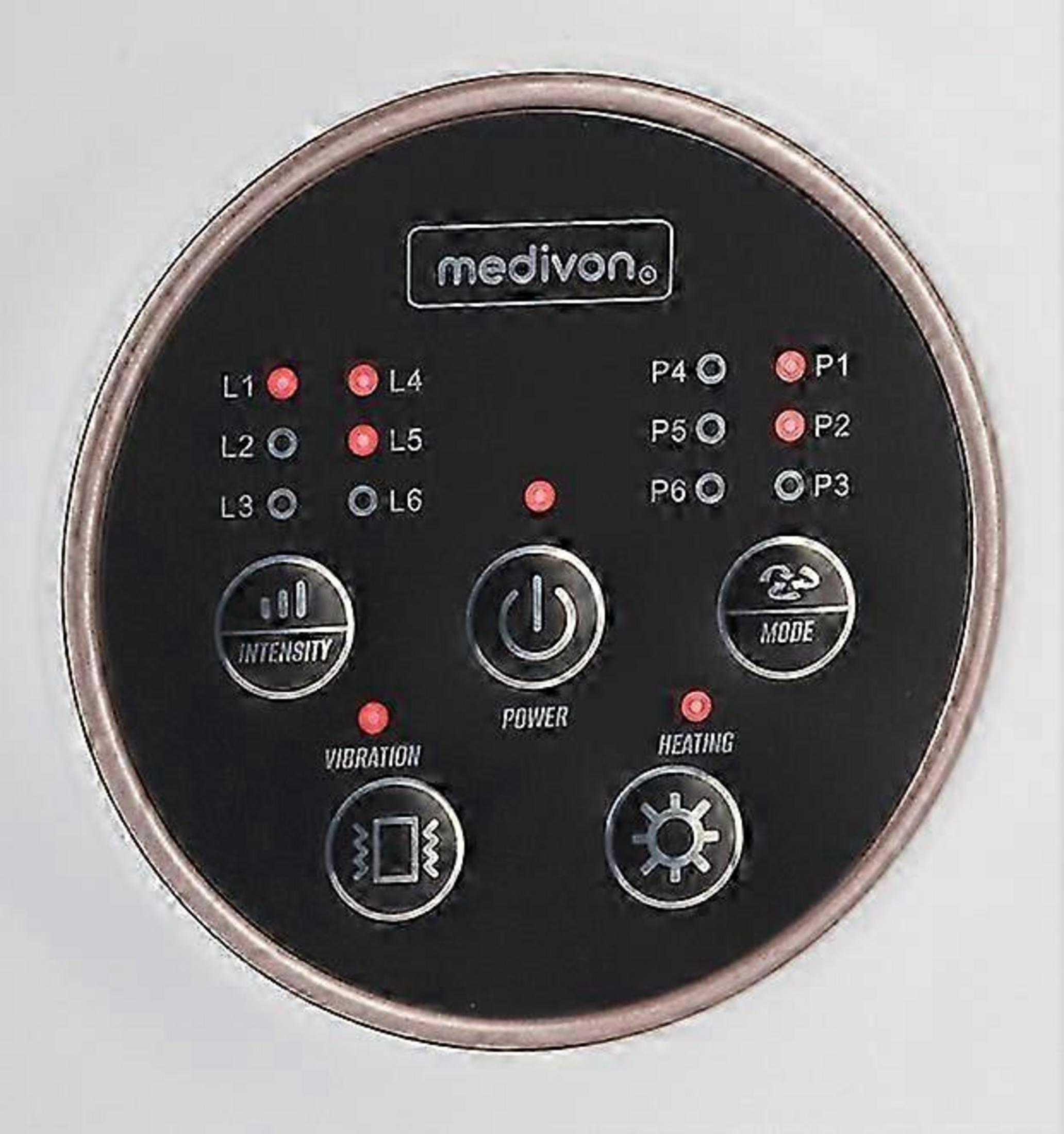 Panneau de contrôle rond Medivon avec boutons d'alimentation, d'intensité, de vibration et de chauffage.