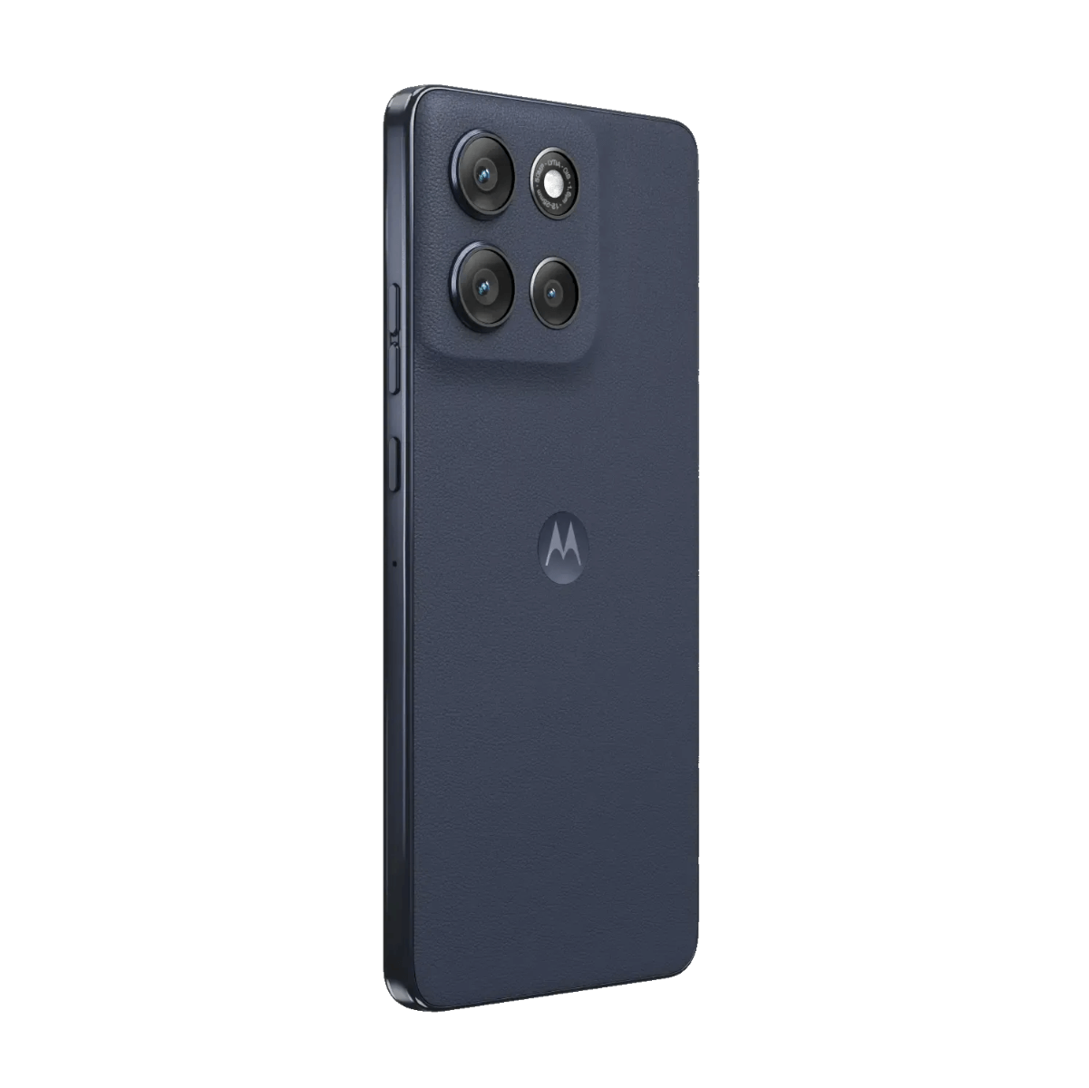 Dunkelblaues Smartphone mit vier Kameras und Motorola-Logo.