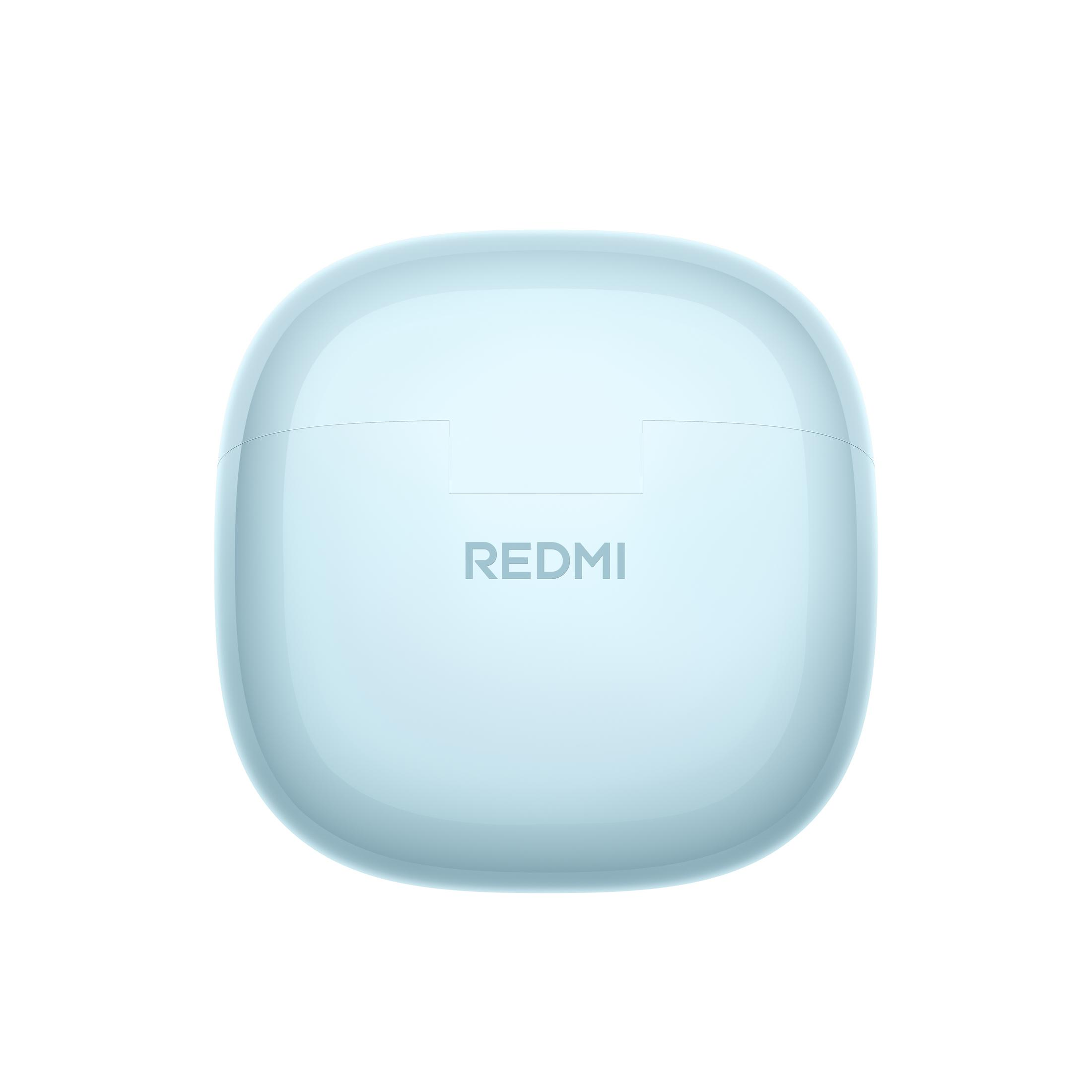 Una custodia di ricarica azzurra per auricolari con logo REDMI.