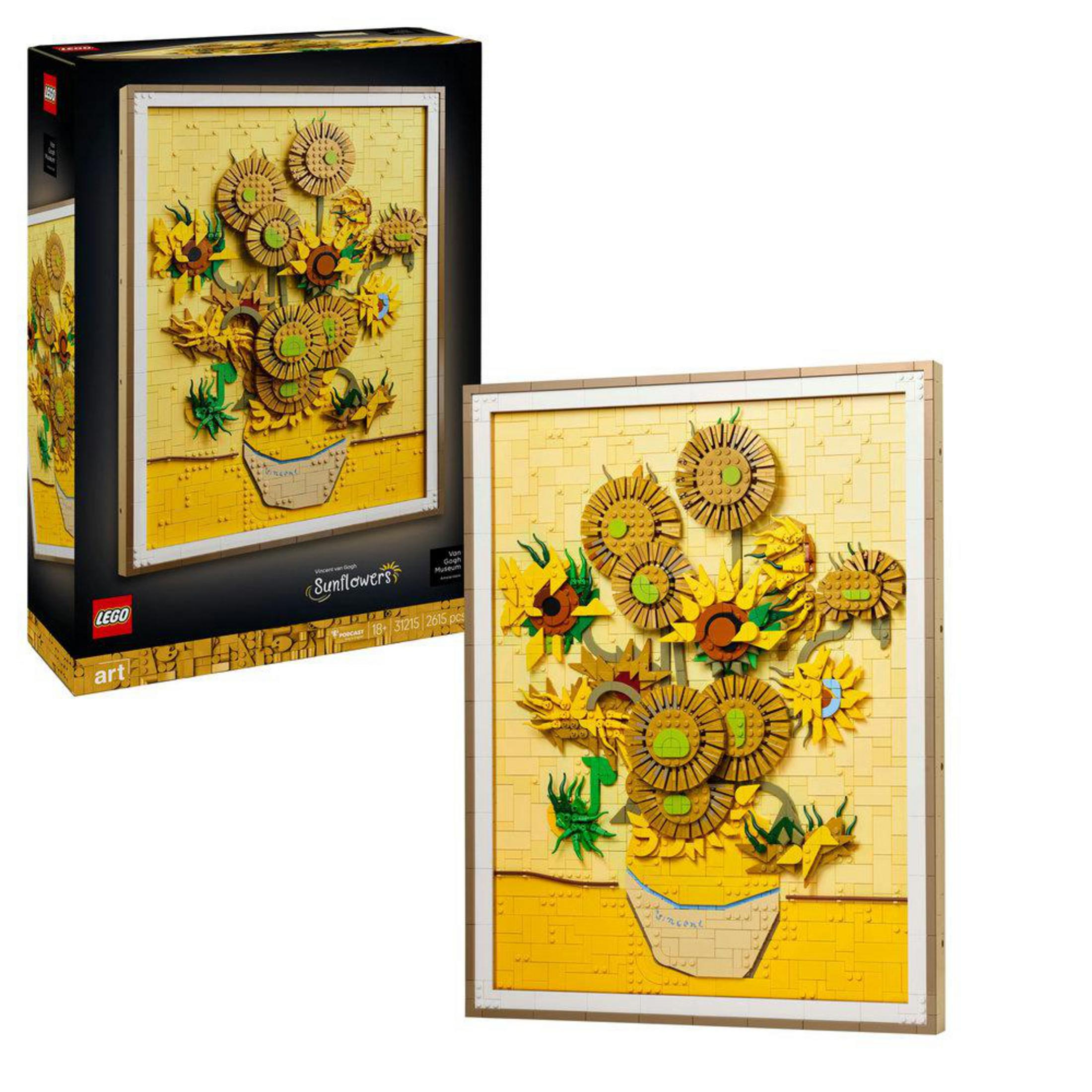 Opera d'arte LEGO dei Girasoli di Van Gogh, con un vaso di girasoli gialli su sfondo giallo.