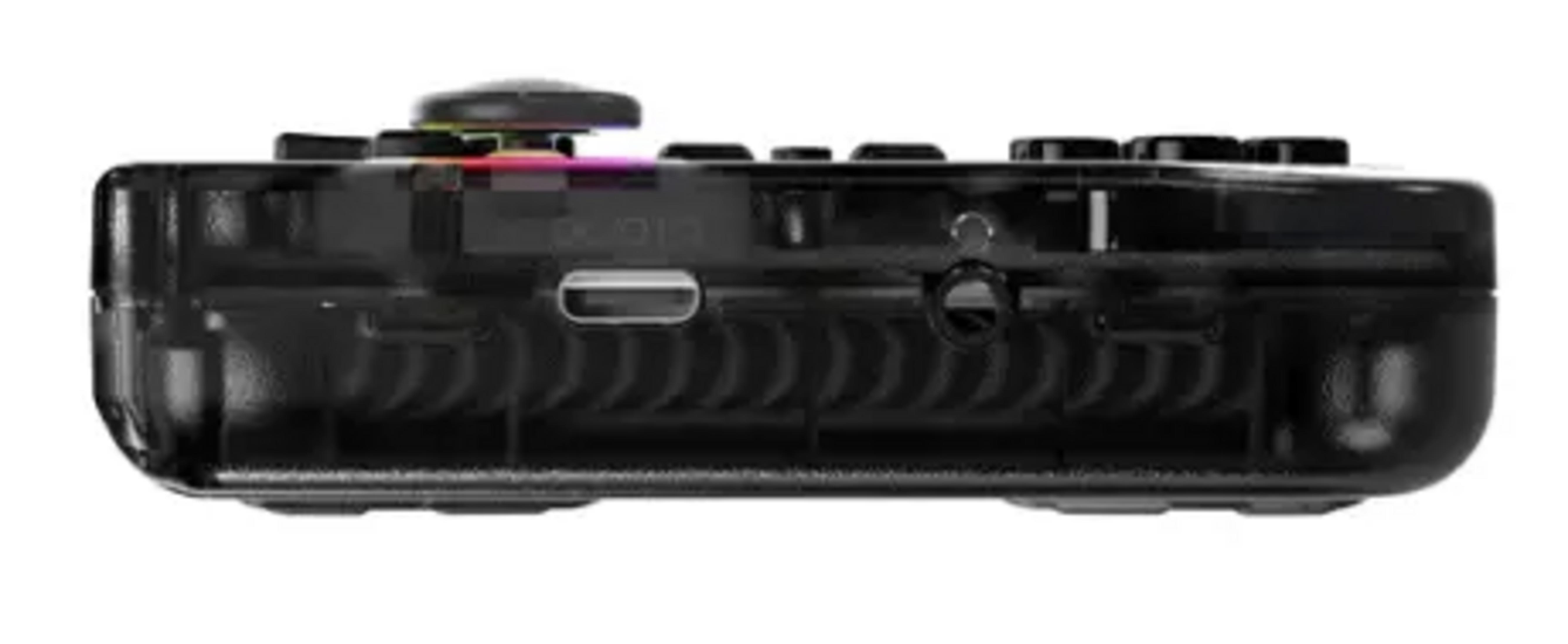 Controlador negro transparente con USB-C, jack de auriculares y luces RGB.