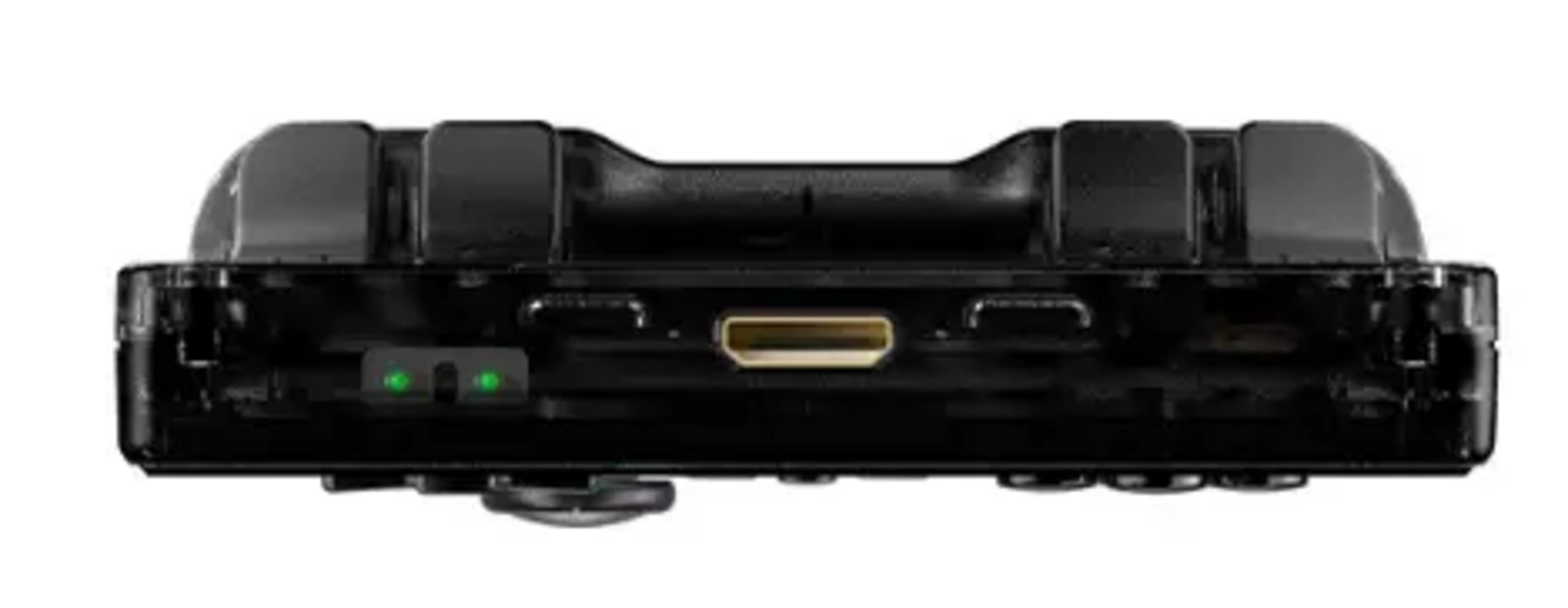 Dispositivo negro con puertos HDMI, USB-C y dos luces indicadoras verdes.