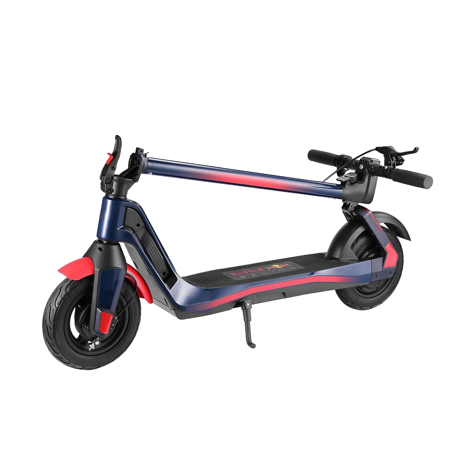 Ein dunkelblauer Elektroroller mit roten Akzenten und Red Bull Racing-Aufklebern.