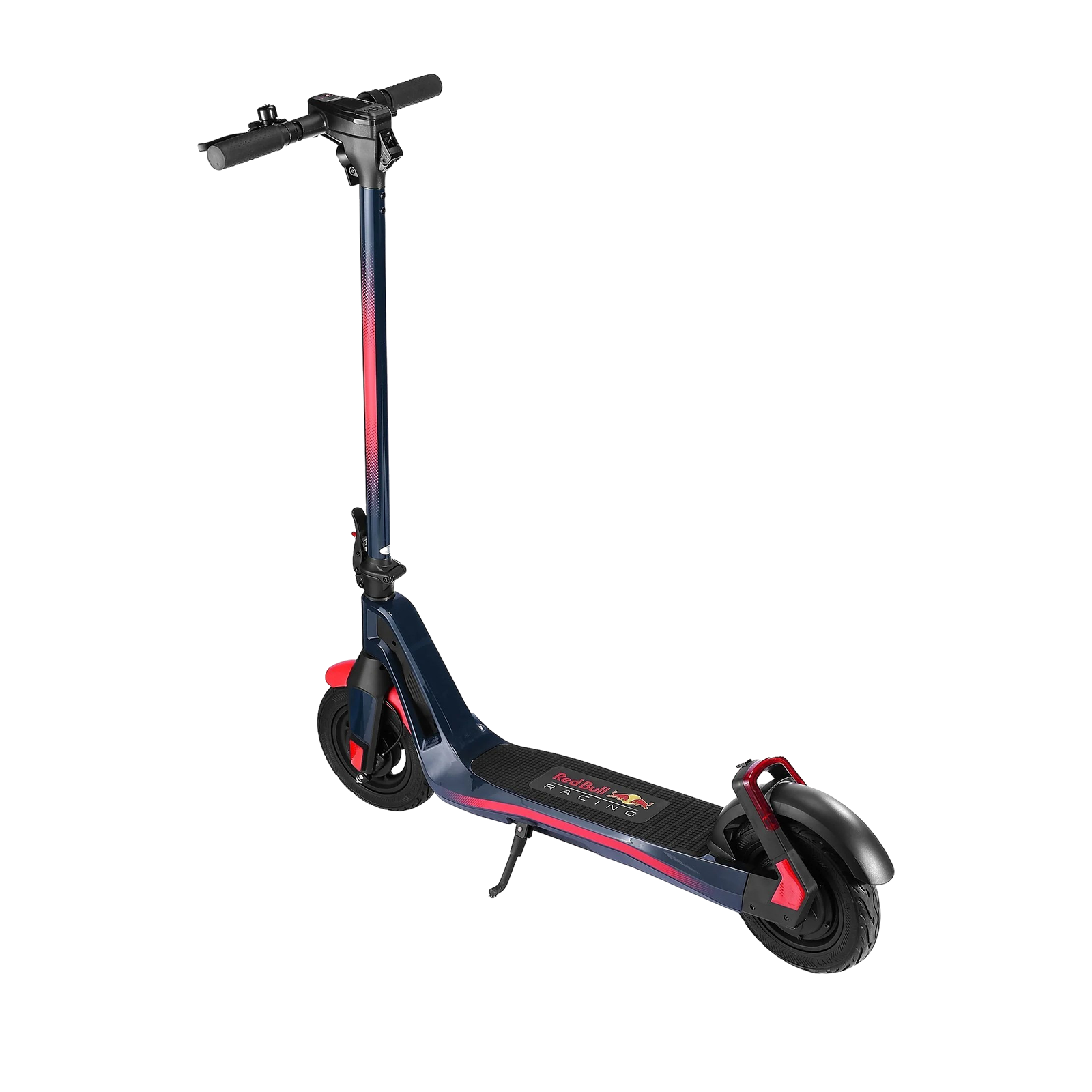 Ein dunkelblauer E-Scooter mit roten Akzenten und Red Bull Racing-Logo.