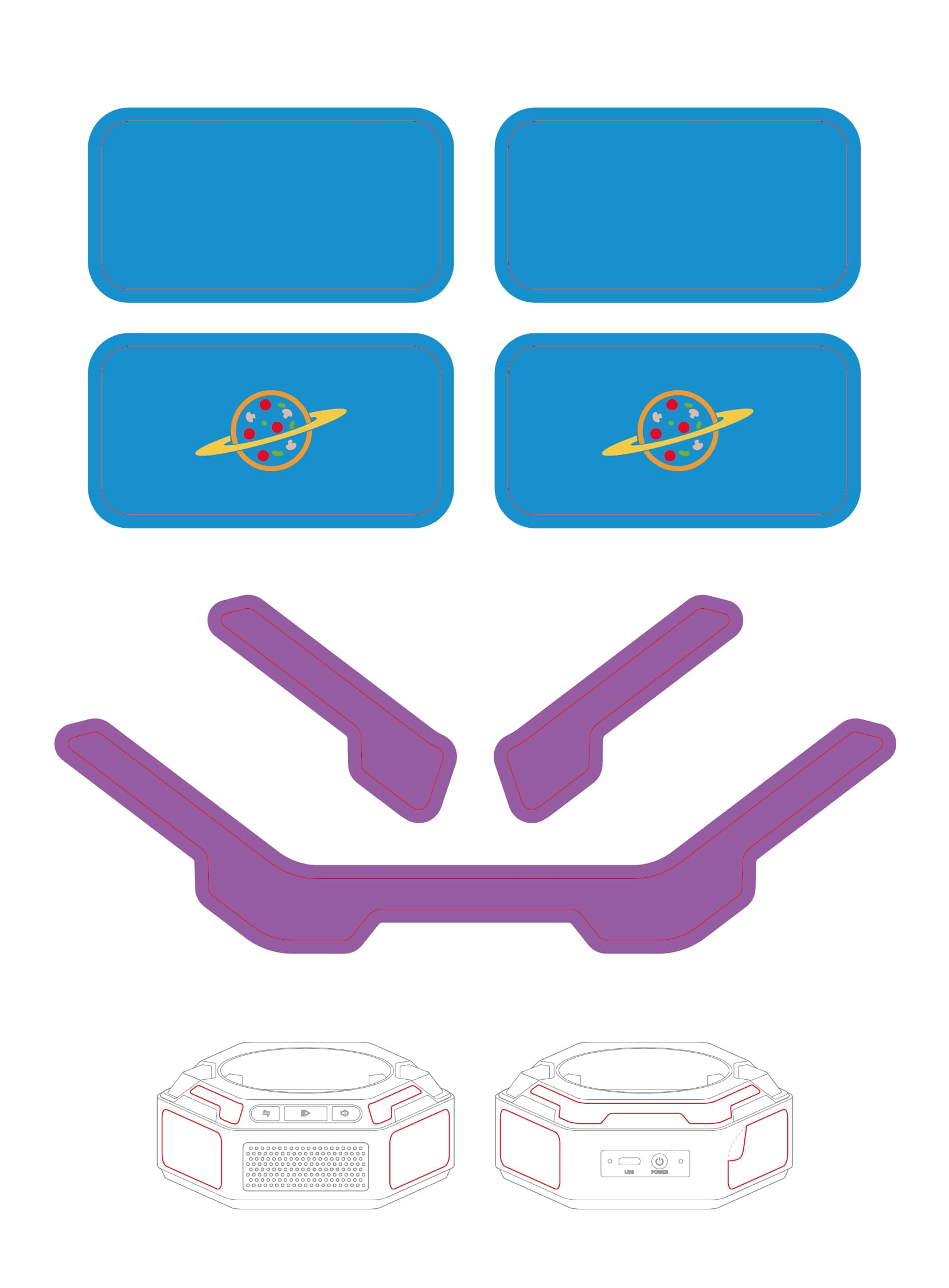 Fondo azul con dos rectángulos vacíos y dos rectángulos azules con logo de Pizza Planet.