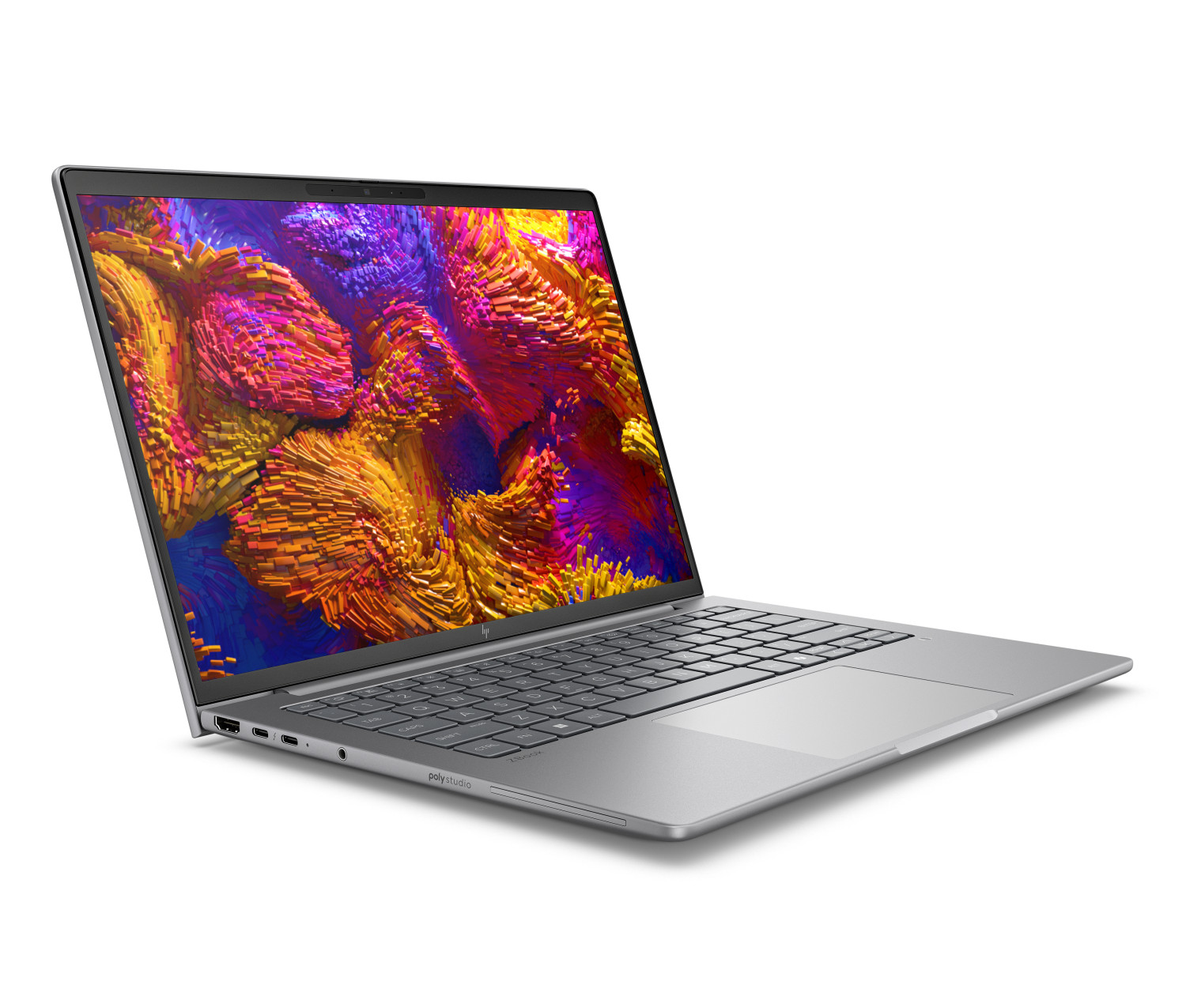 Un laptop argentato aperto visualizza un'immagine di sfondo astratta e colorata.