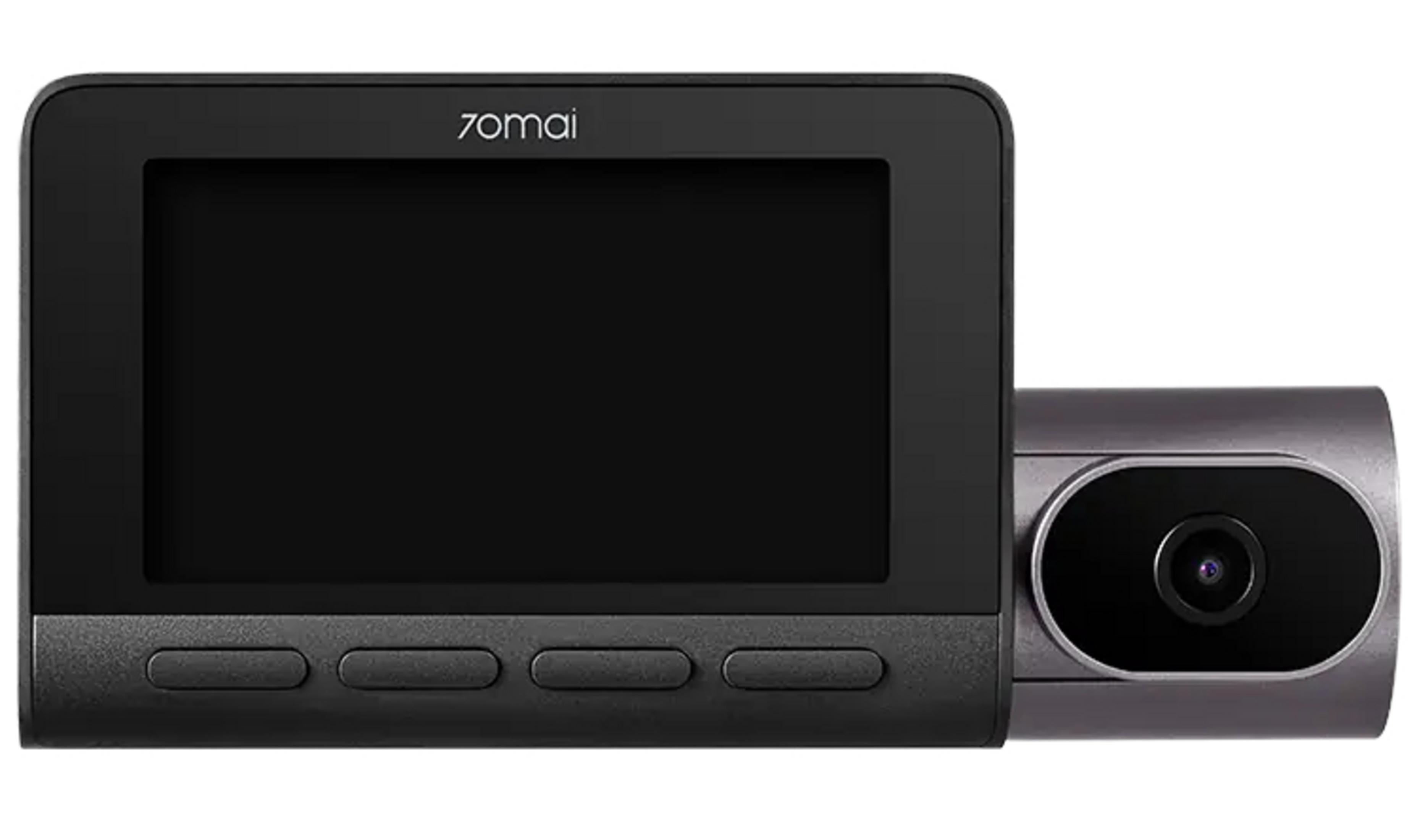 Videocamera da cruscotto grigio e nero con schermo e lente.