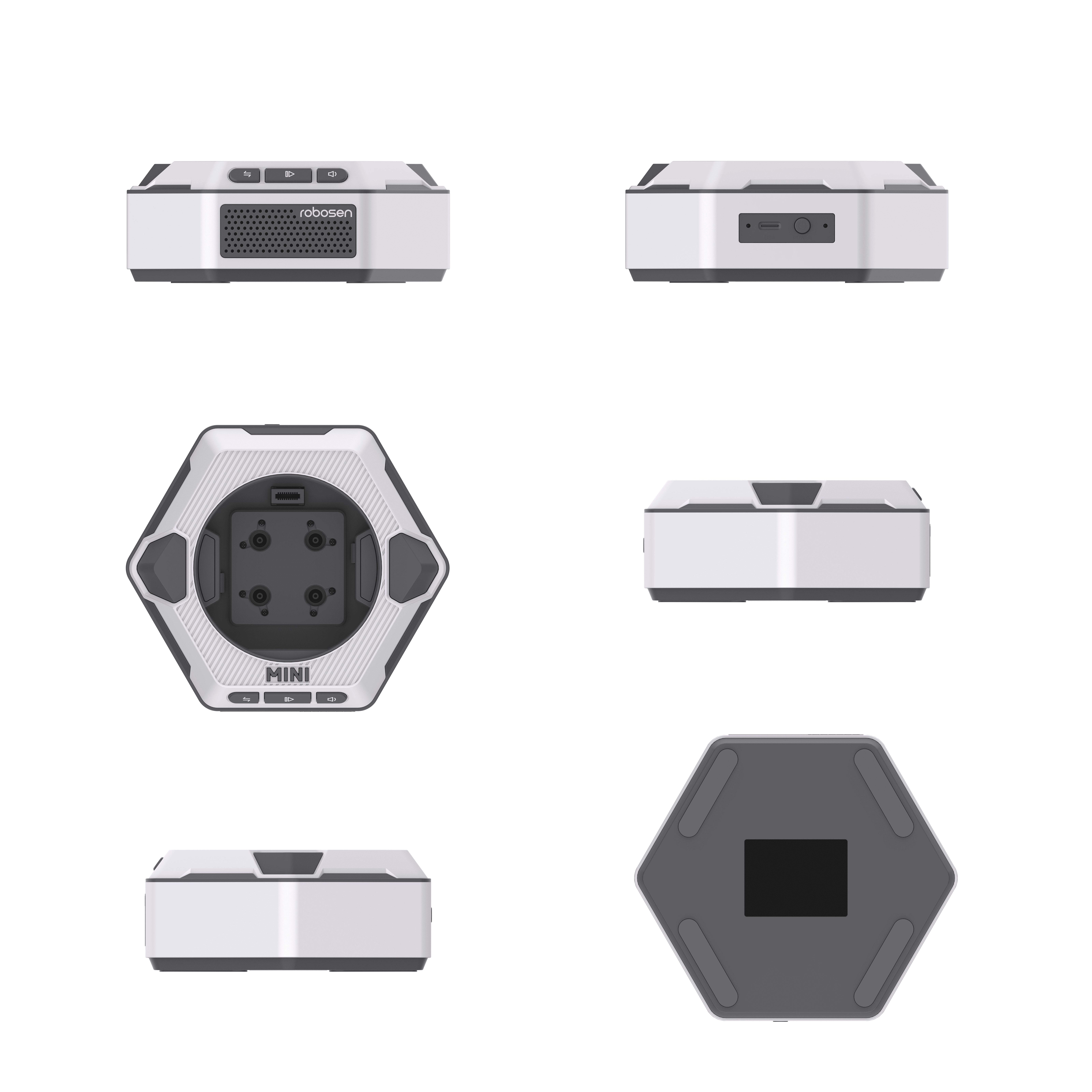 Un dispositivo hexagonal blanco y gris con botones y altavoz.