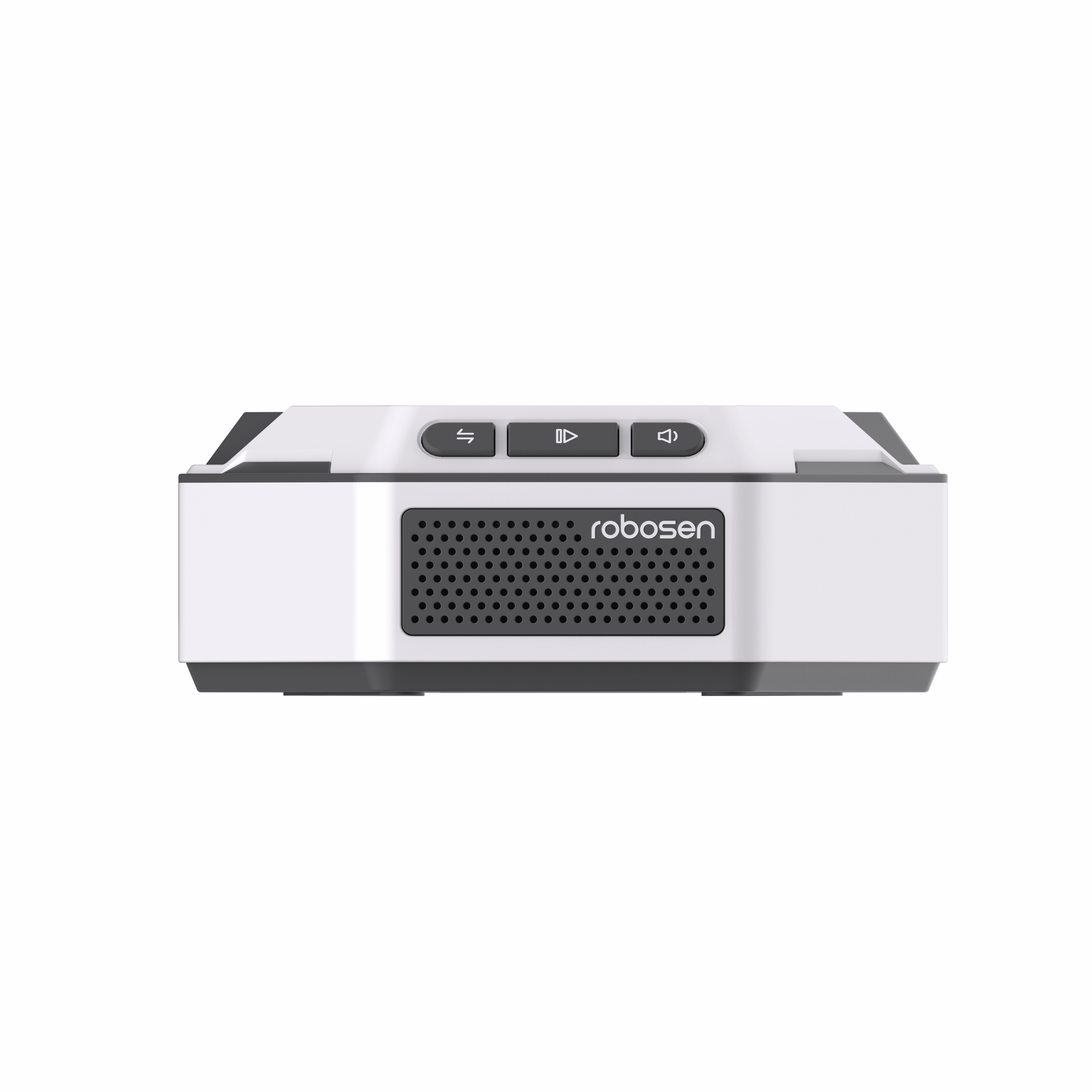 Un robot blanco con acentos grises y botones.