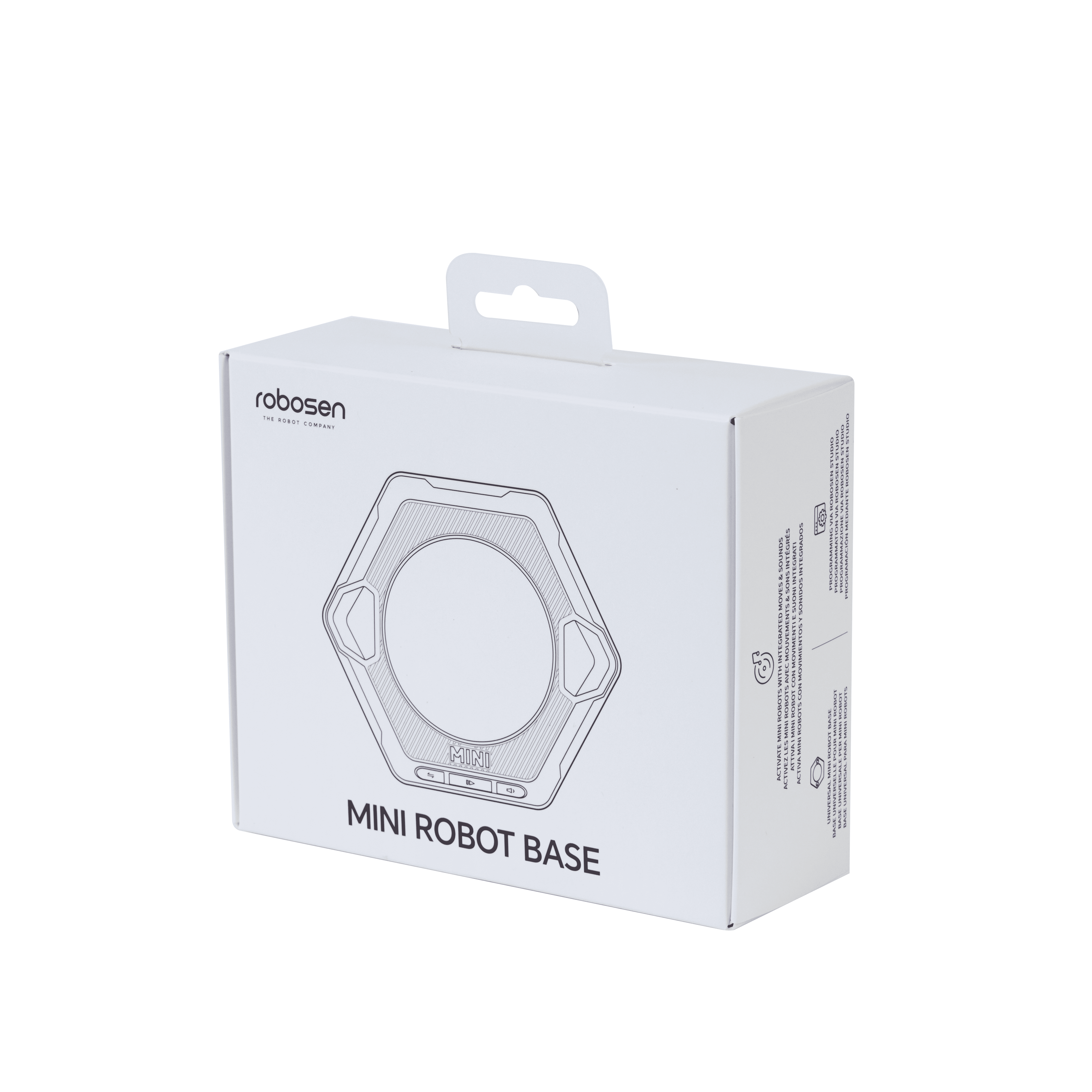 Embalaje blanco de base para mini robot Robosen con gráfico y texto.