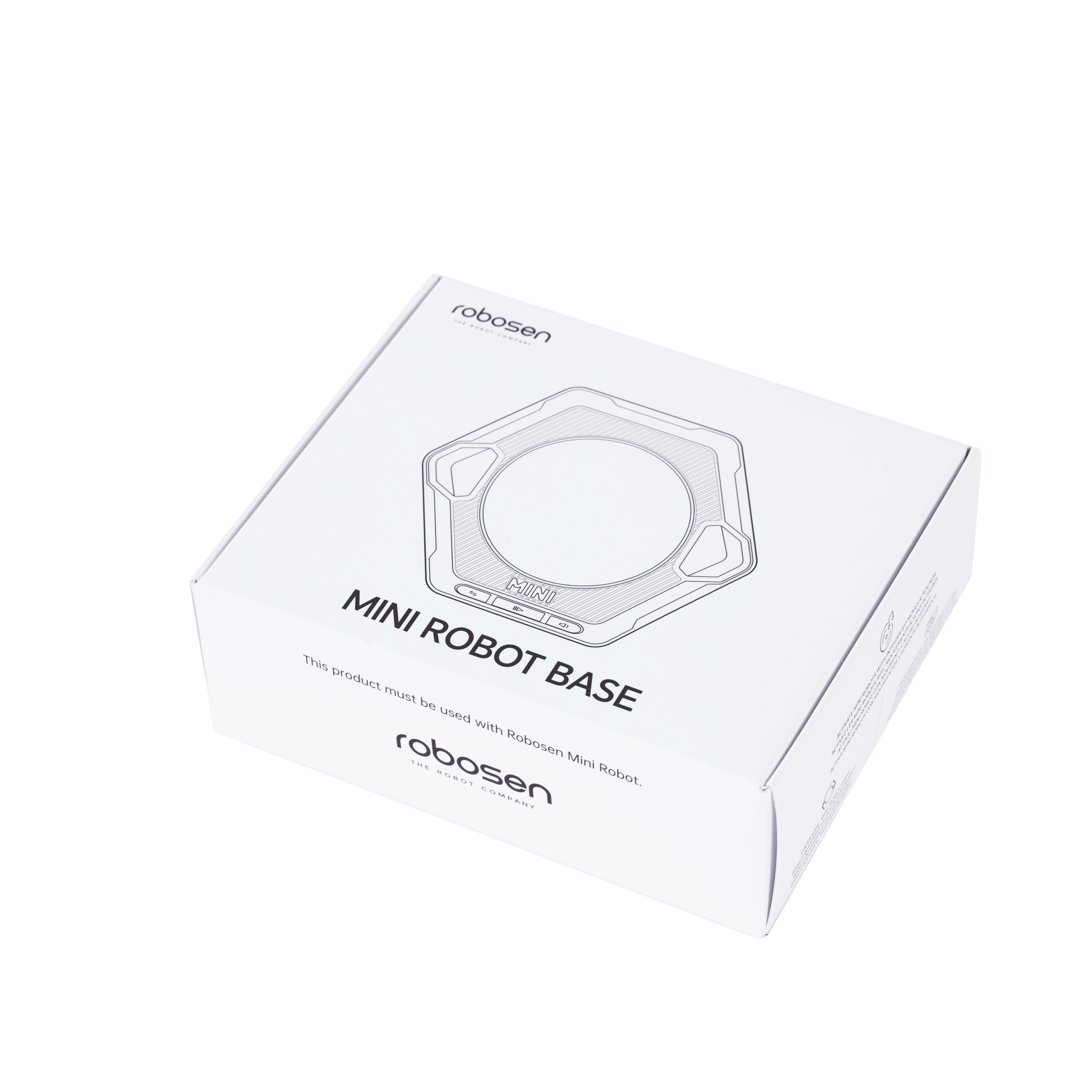 Embalaje de caja blanca para una base de robot con ilustración y texto.