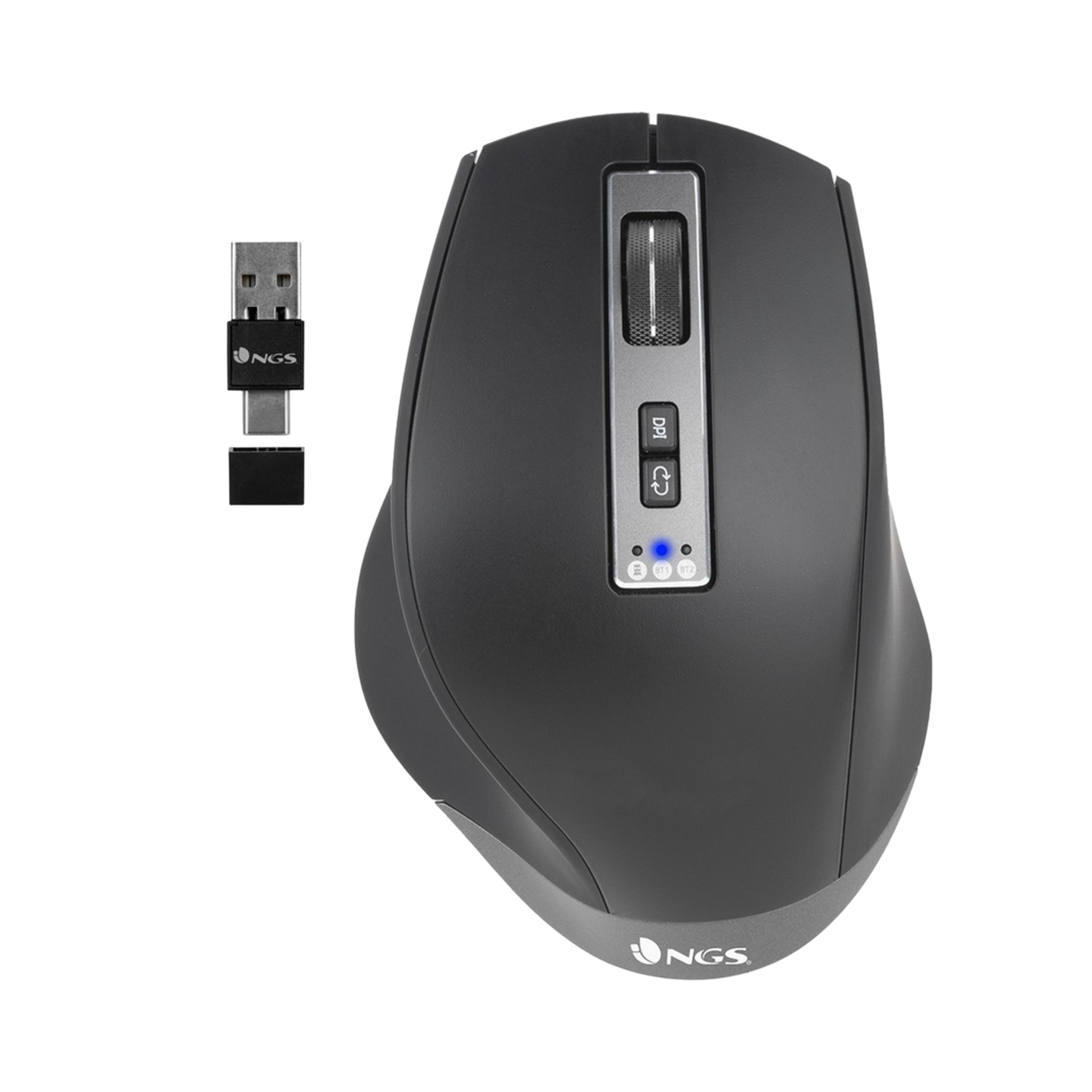 Un mouse wireless NGS nero e un ricevitore USB su sfondo bianco.
