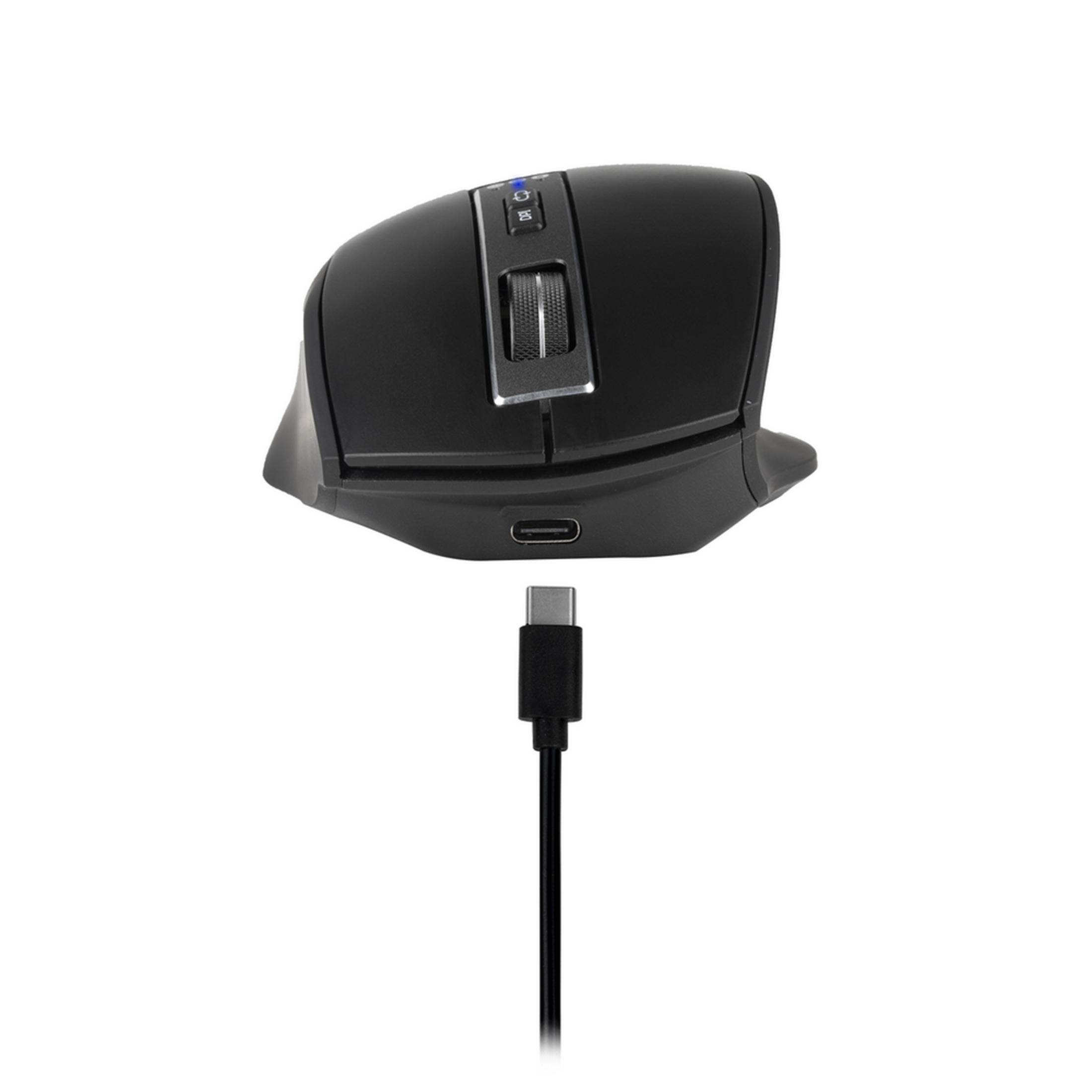 Mouse da gaming nero con cavo di ricarica USB-C, isolato su sfondo bianco.