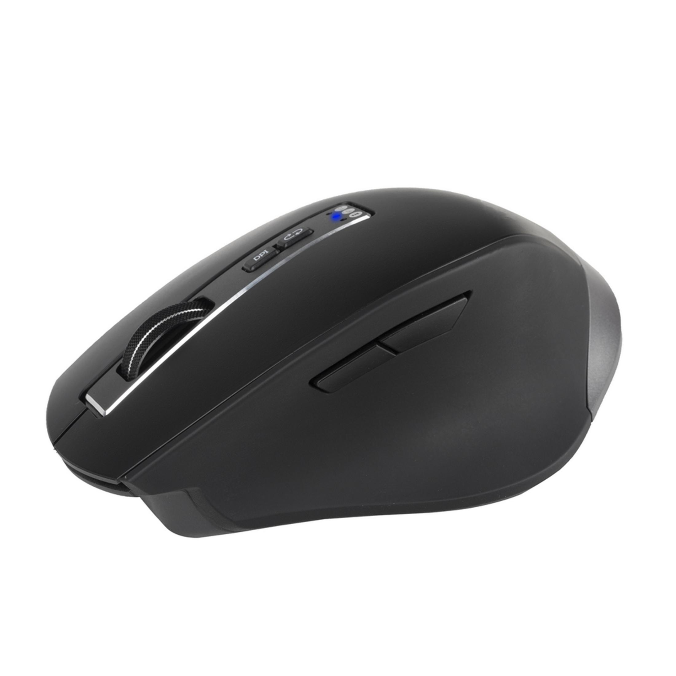 Mouse wireless nero con rotella di scorrimento e luci indicatore DPI blu.