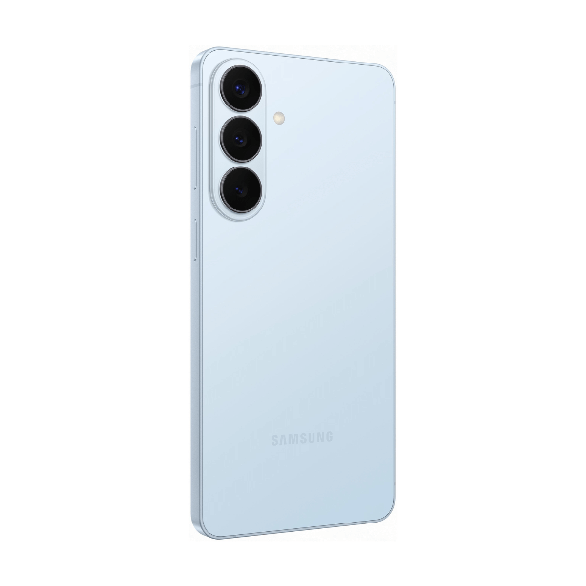 Ein hellblaues Samsung Smartphone mit drei Kameras auf der Rückseite.