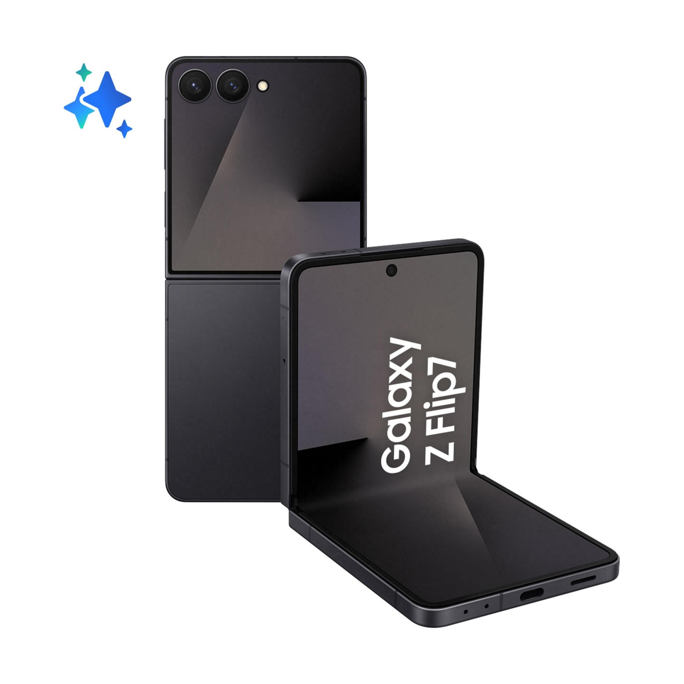 Un teléfono plegable negro con "Galaxy Z Flip7" en la pantalla.