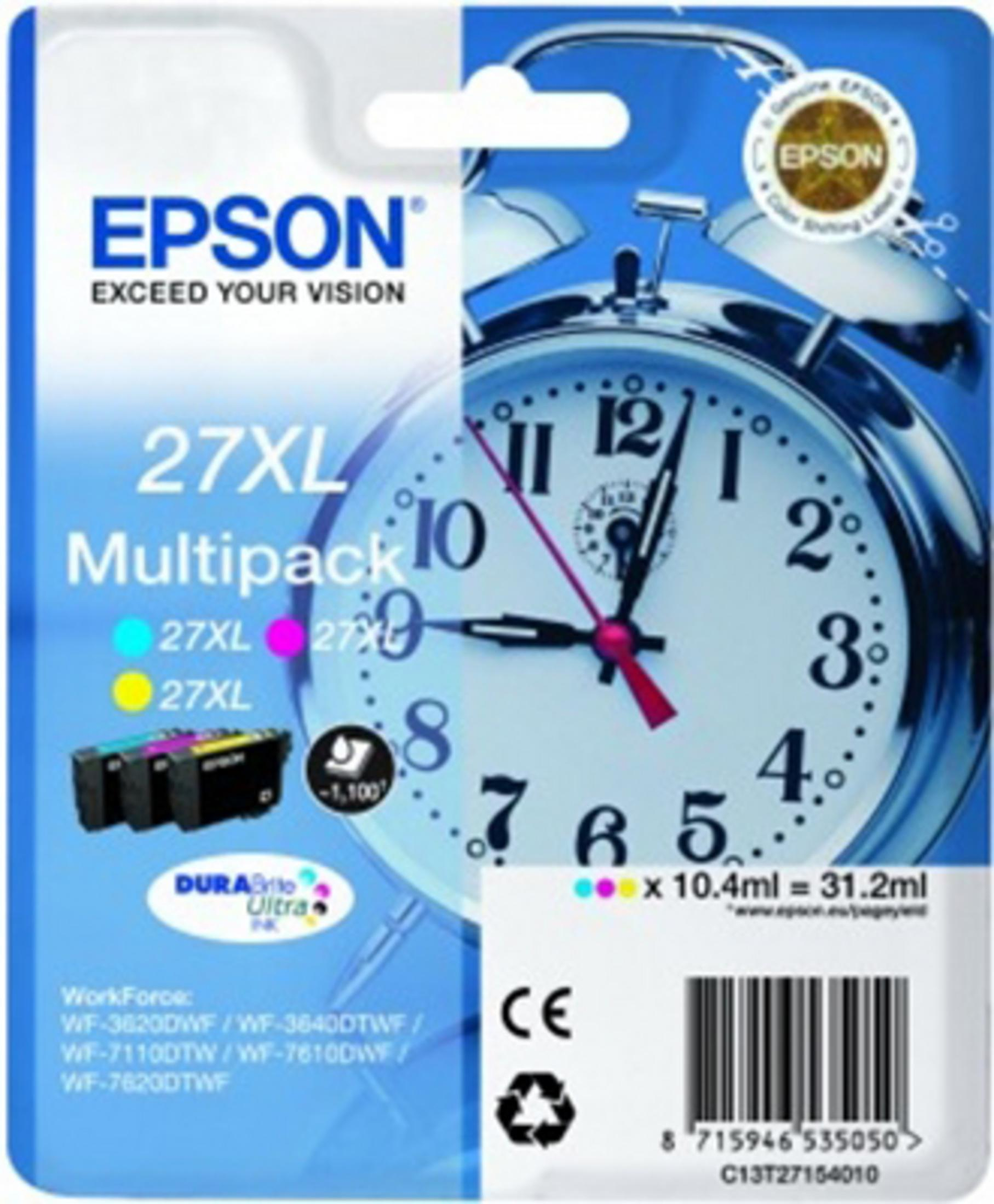 Cartucce d'inchiostro Epson 27XL Multipack con sveglia sullo sfondo.