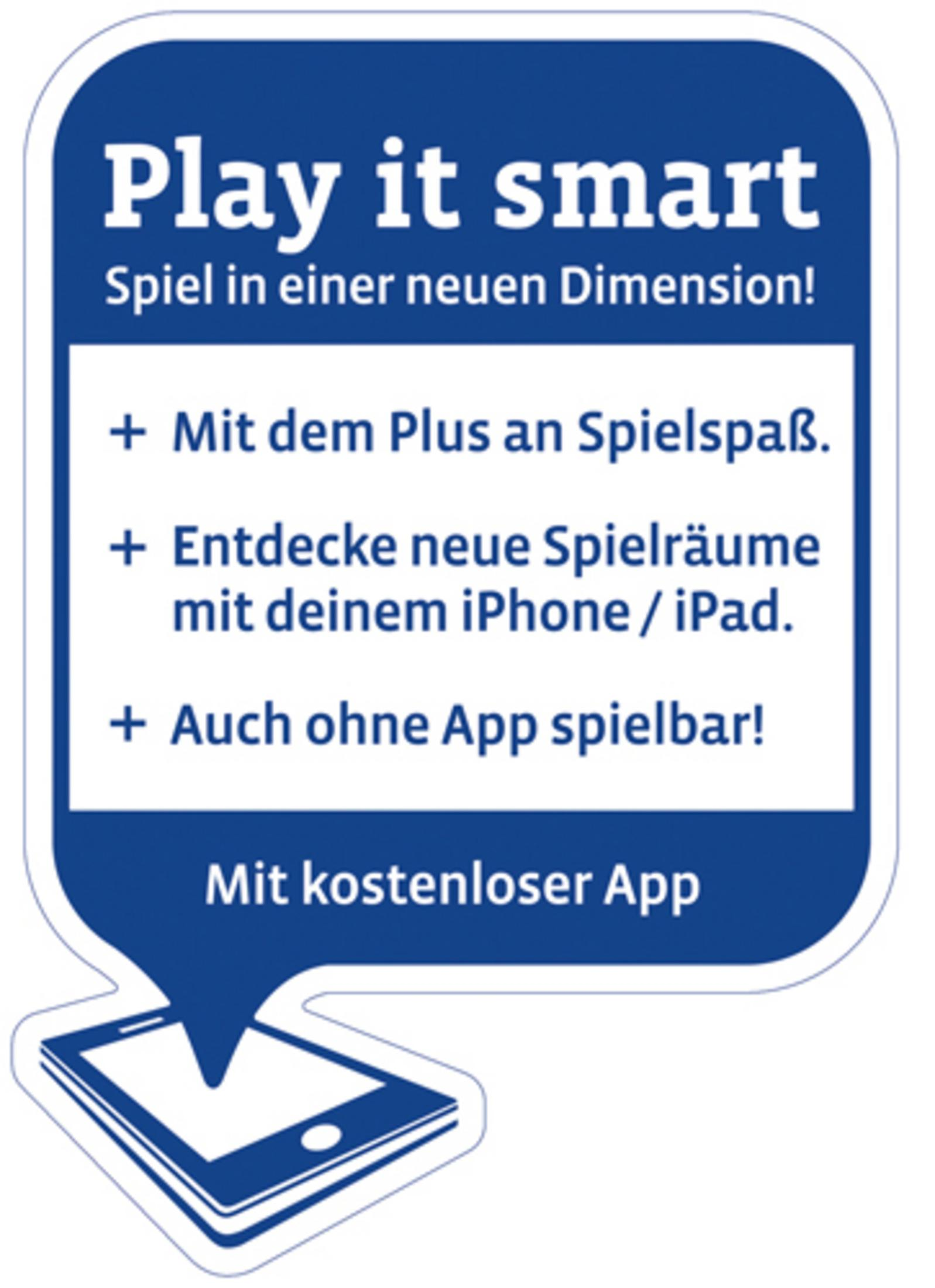 Ein blaues Feld mit Text über Spiele mit einer App und einem Tablet-Symbol.